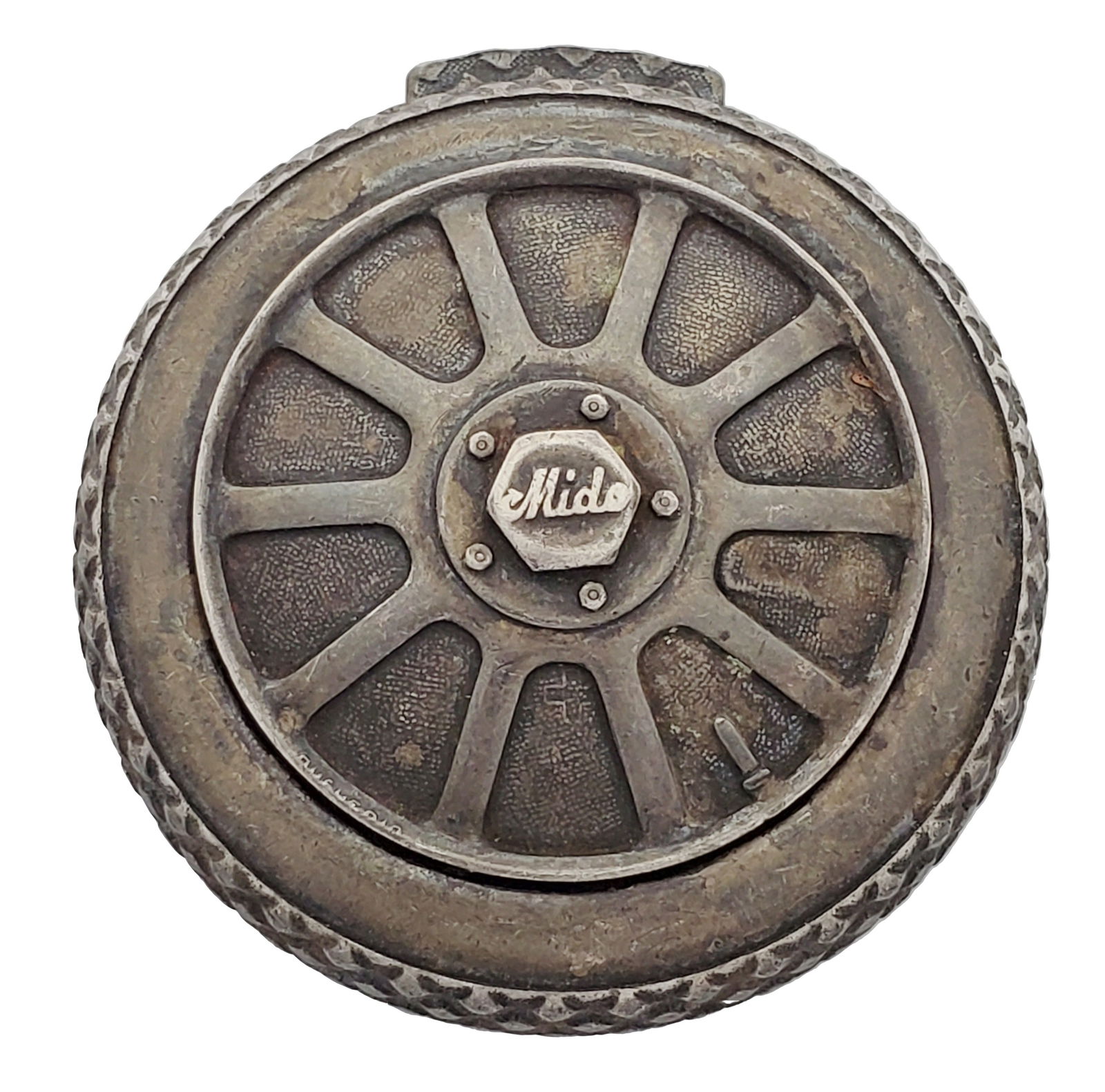 Mido Rare Silver Bugatti Wheel Travel Watch: Described By:Michelle NFDDD 59532 Title:Mido Rare Silver Bugatti Wheel Travel Watch Description: Mido Rare Silver Bugatti Wheel Travel Watch Case Size:44mm Condition:Displays a litt