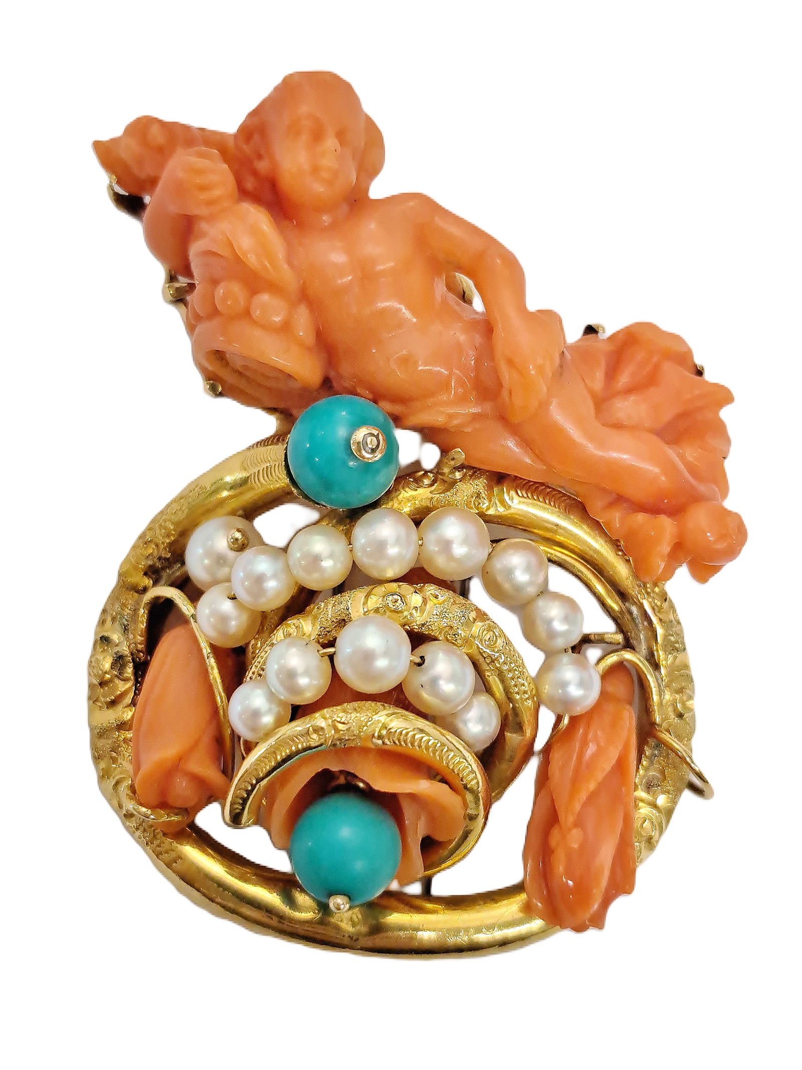 Exquisite Seaman Schepps 14K 1880s Coral Cherub Putti Turquoise Clip Brooch 30G (1 of 9)