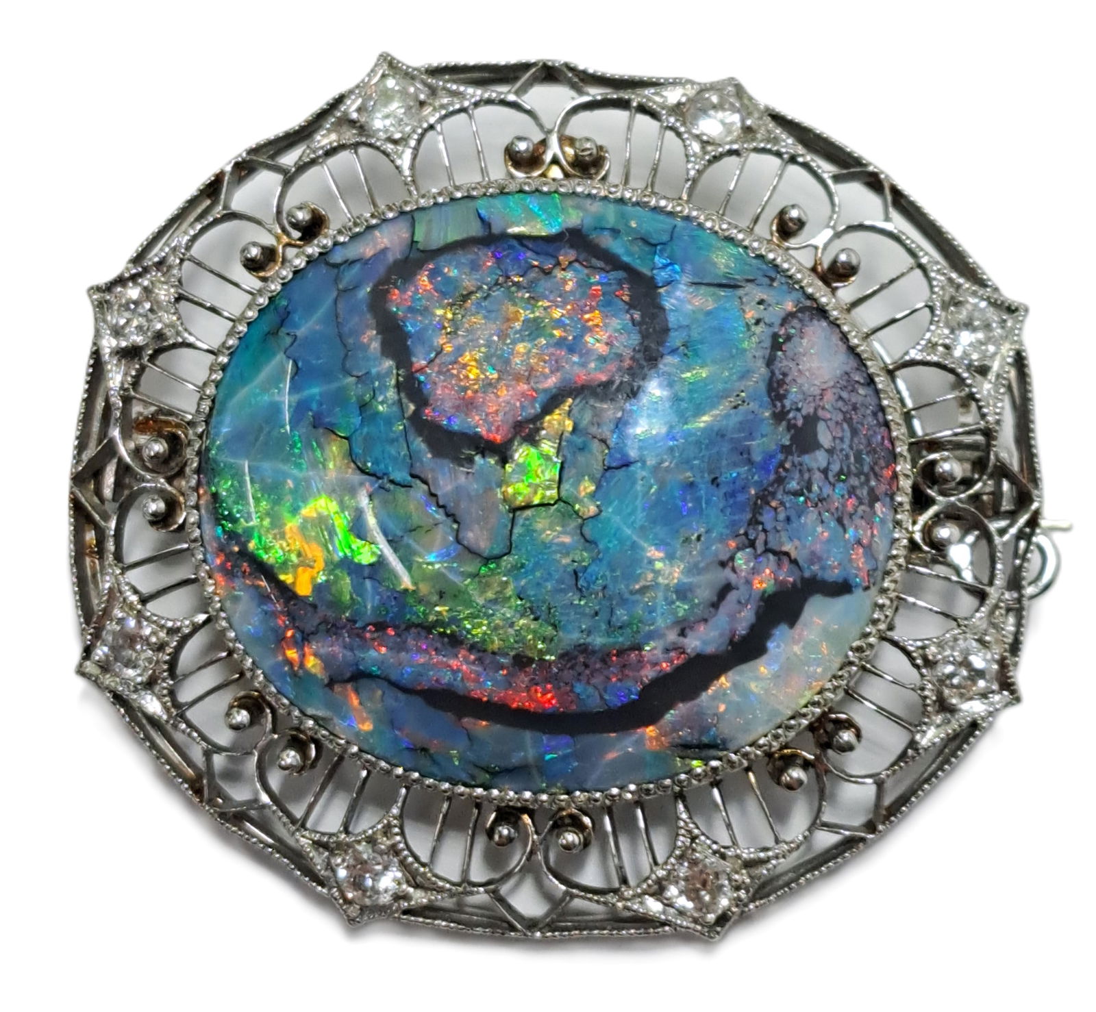 Extraordinary Black Opal Platinum Filigree Diamond Art Deco Numbered Designer Convertible Pendant Br (1 of 9)