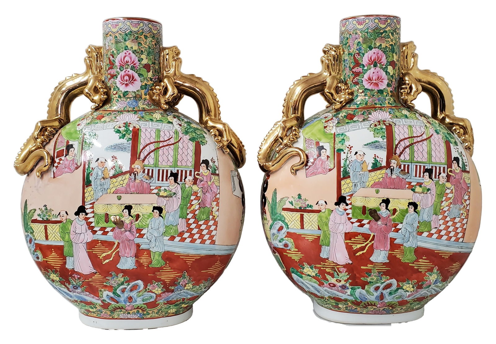 Large Chinese Famille Rose Porcelain Handpainted Moon Vase Pair (1 of 10)