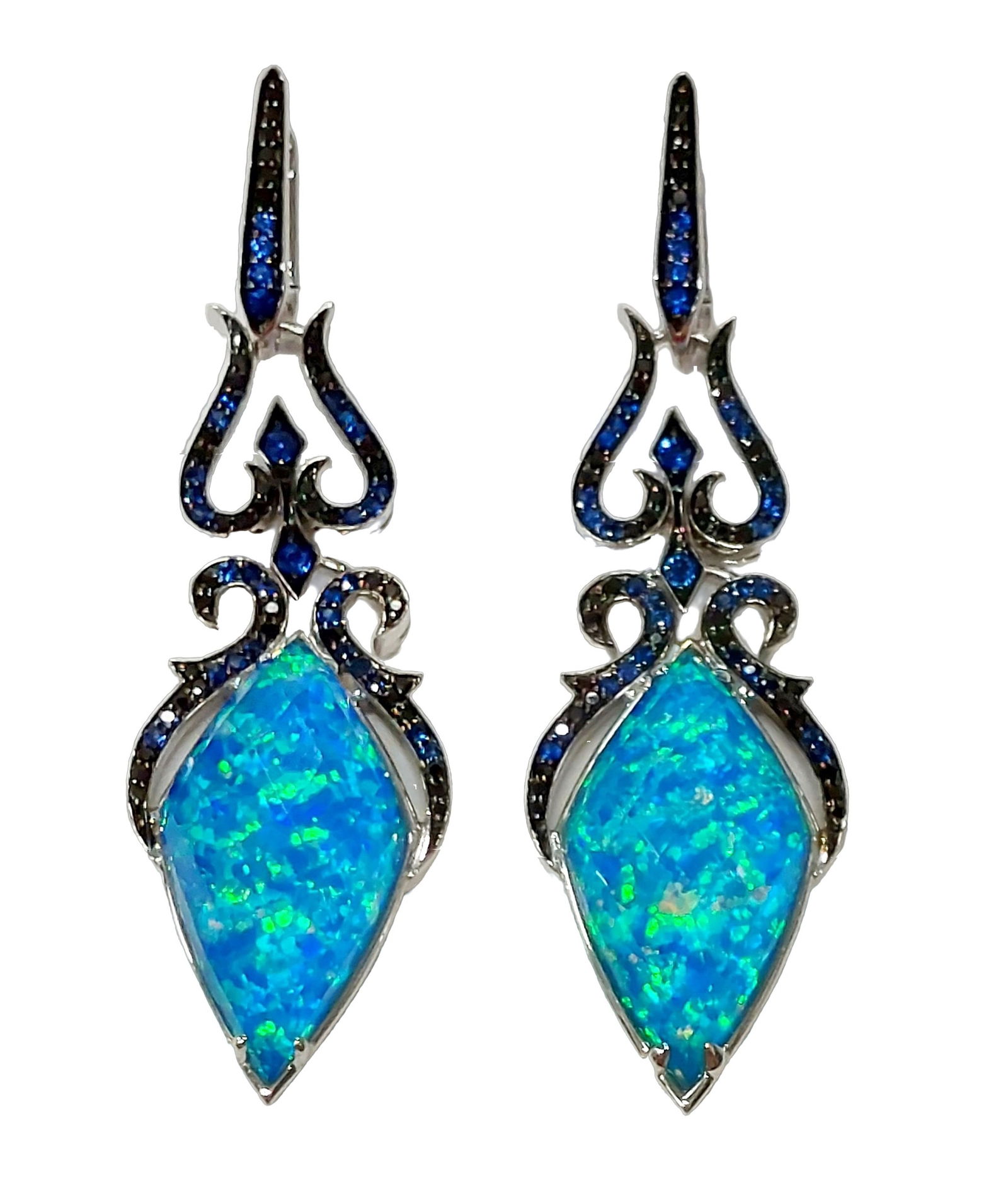 Stephen Webster Diamond 18k White Gold Opalescent Crystal Haze Sapphire Black Diamond Long Earrings (1 of 8)