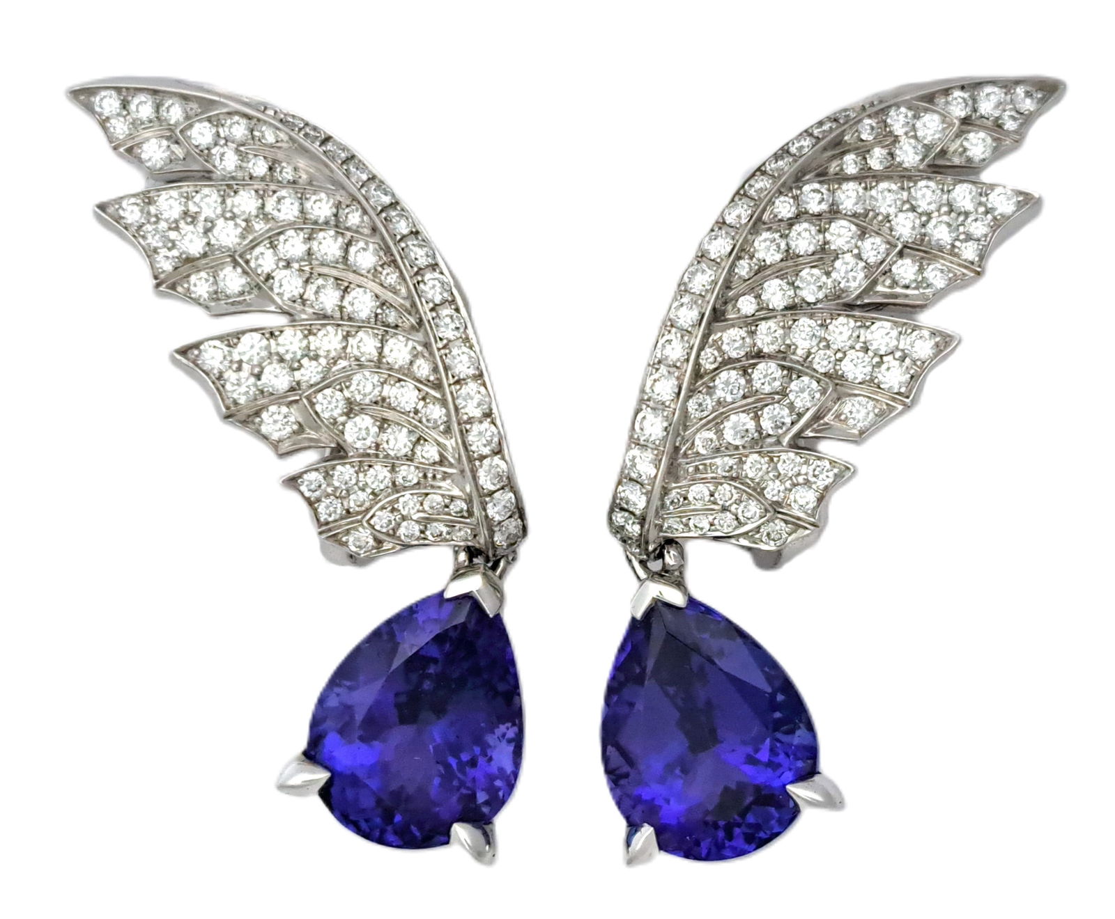 Huge Magnipheasant Stephen Webster 18k White Gold Fine Tanzanite Diamond Winged Earrings: Described & Photographed By: Ayanna HFA 59229 NRDDD Title: Huge Magnipheasant Stephen Webster 18k White Gold Fine Tanzanite Diamond Winged Earrings Description:Huge Magnipheasant Stephen Webster 18k
