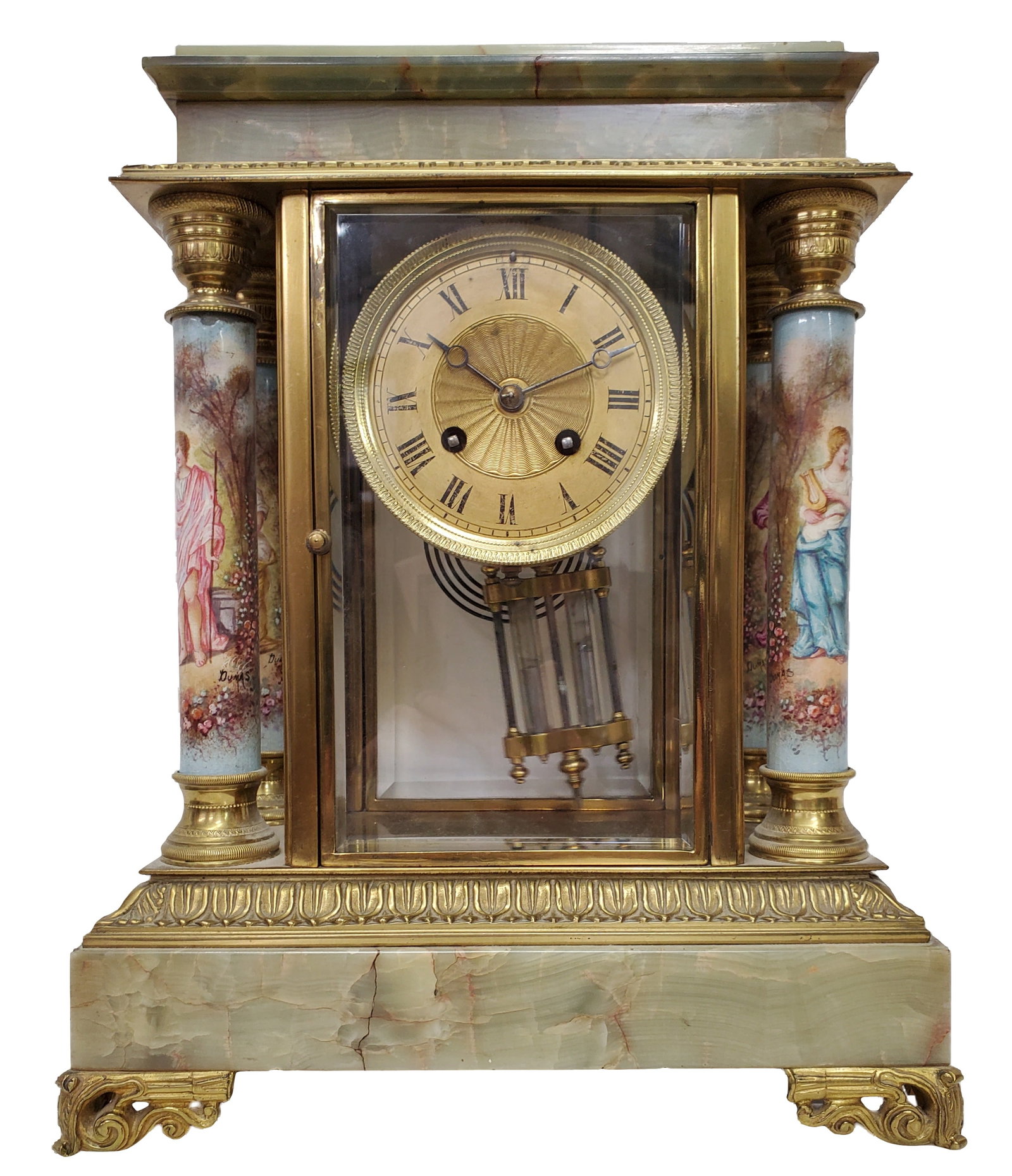 Antique 19c French Portico Clock Green Onyx Hand Painted Columns Keywind (1 of 8)