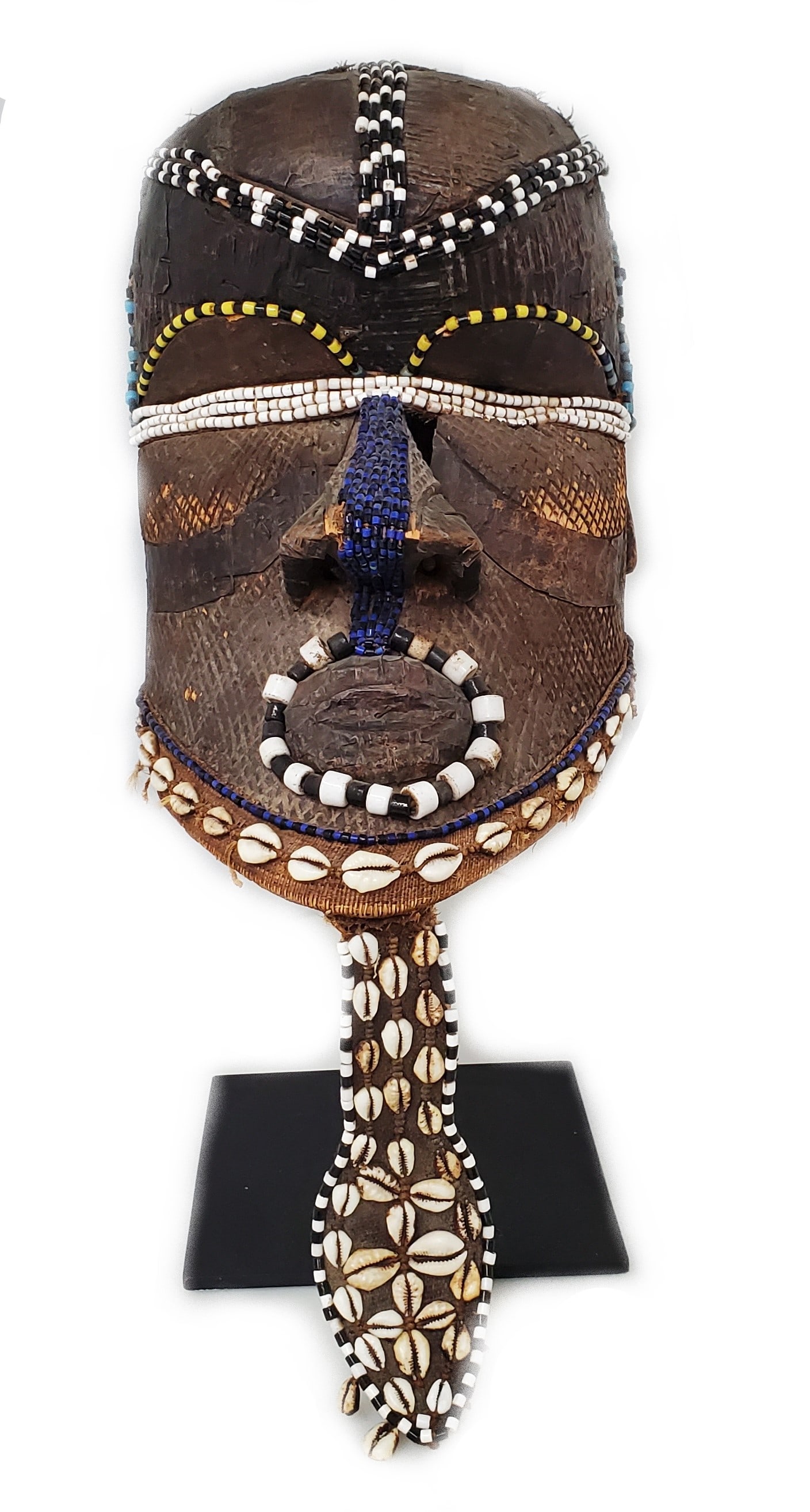 African Kuba Mask Helmet Cowrie Shell Beaded Large Carved Wood (1 of 9)