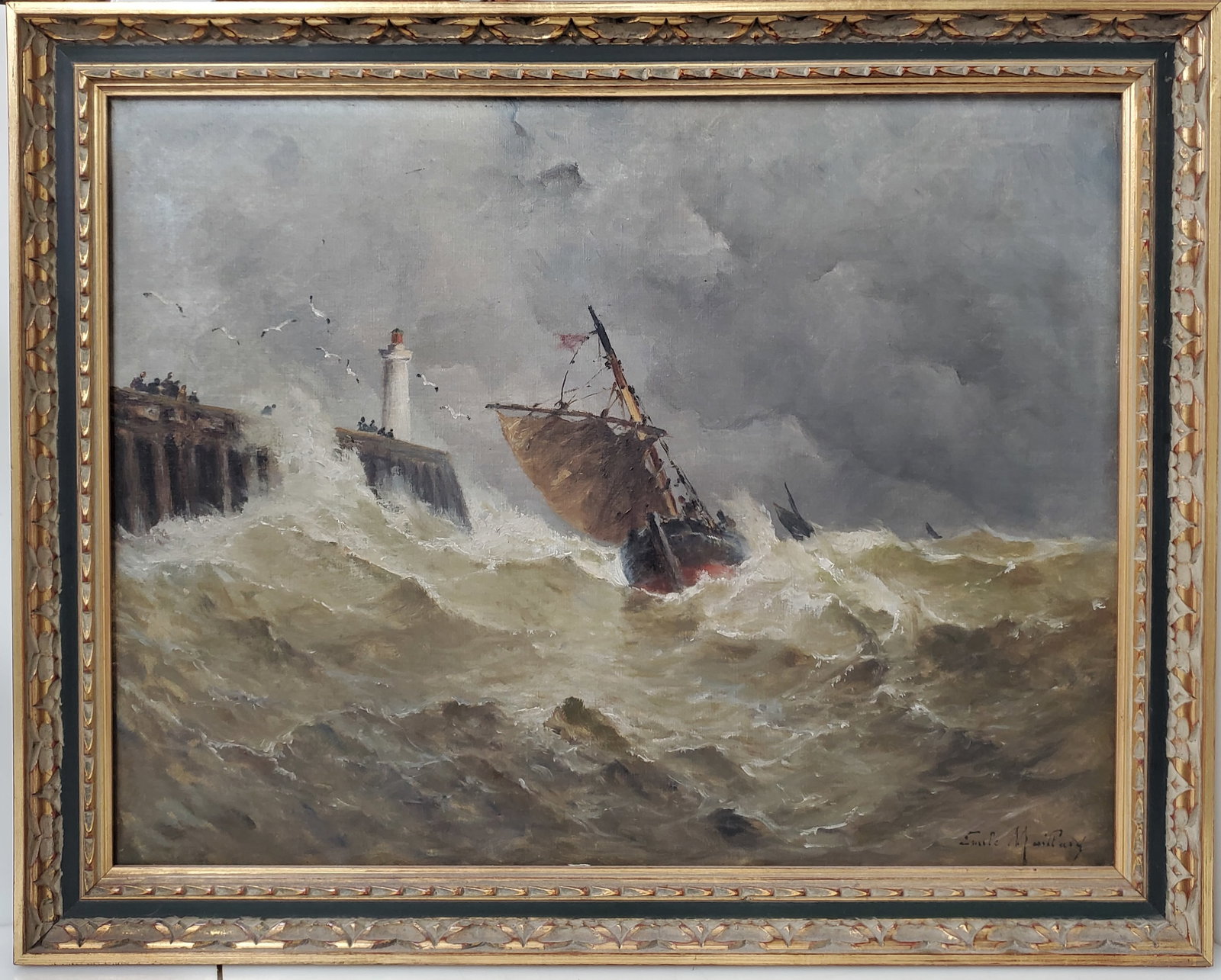 Emile Maillard French Antique Stormy Marine Seascape Oil Painting: Described By:Michelle CNX 0087 0154 Title:Emile Maillard French Antique Stormy Marine Seascape Oil Painting Description: Emile Maillard French Antique Stormy Marine Seascape Oil Painting on Canvas Sig