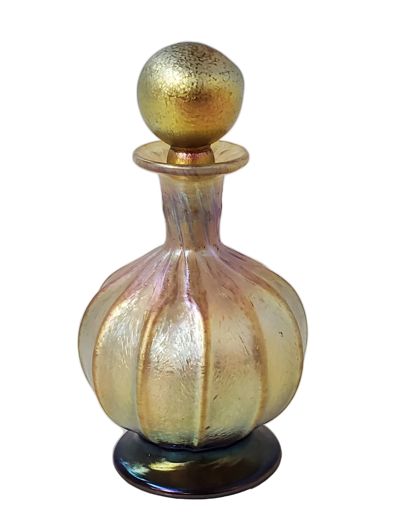 Antique Iridescent Art Glass Perfume Bottle With Orb Stopper: Described By: Michelle CNX 0091 0173 Title: Antique Iridescent Art Glass Perfume Bottle With Orb Stopper Description: Antique Iridescent Art Glass Perfume Bottle With Orb Stopper Hallmarks or Signat