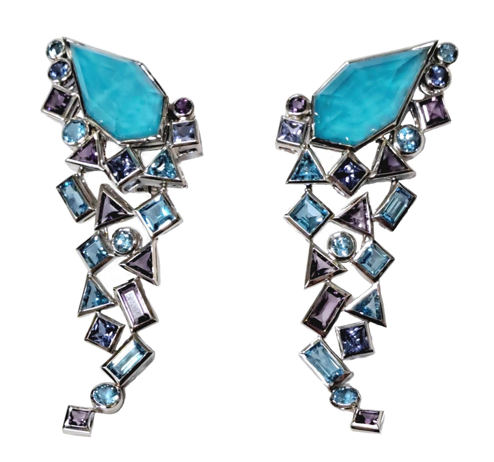 Stephen Webster 18k White Gold Crystal Haze Turquoise Doublet & Multi-Gem Convertible Dangle: Title: Stephen Webster 18k White Gold Crystal Haze Turquoise Doublet & Multi-Gem Convertible Dangle Earrings Description: A masterfully made pair of Stephen Webster earrings made in 18k white g