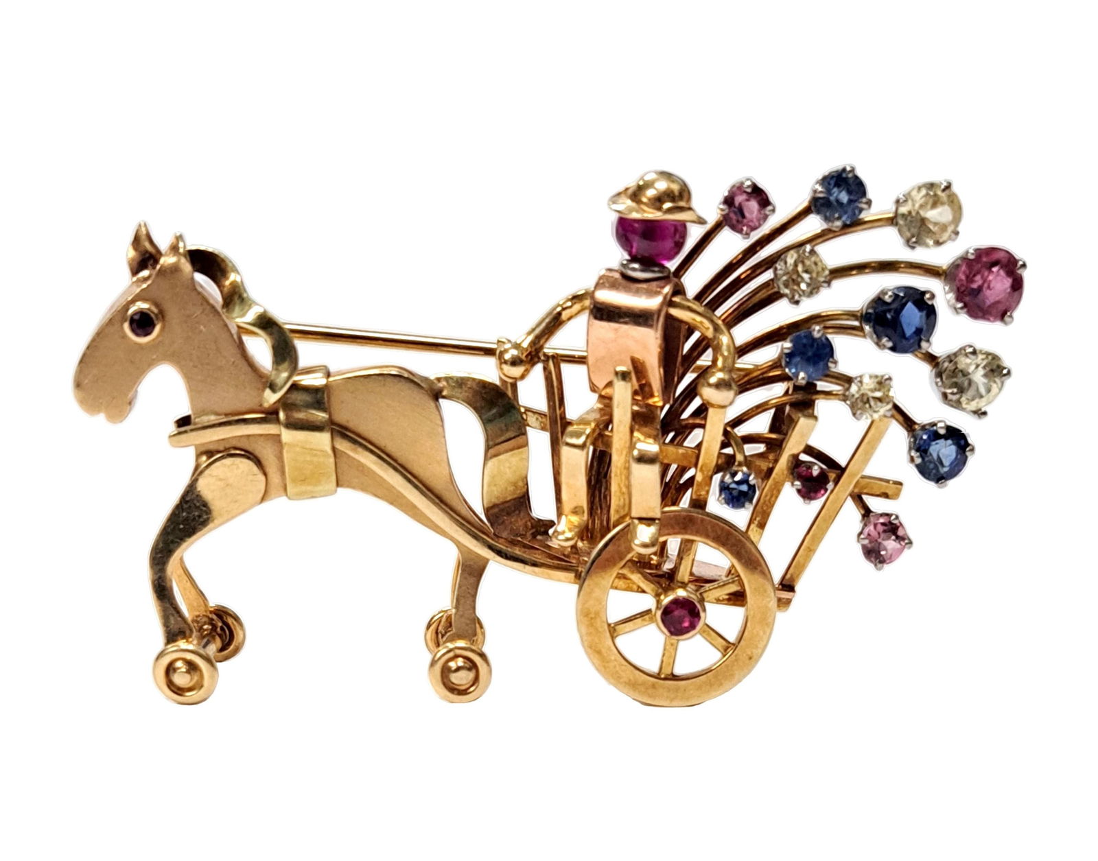 Natural Sapphire Ruby 14k Rose & Yellow Gold Carriage Hobby Horse Retro Deco Era Brooch  Hess Fine (1 of 8)