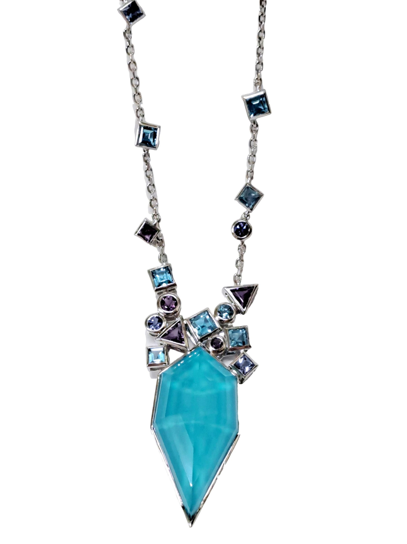 Designer Stephen Webster 18k White Gold Crystal Haze Turquoise Doublet & Multi-Gem Long Necklace: Title: Designer Stephen Webster 18k White Gold Crystal Haze Turquoise Doublet & Multi-Gem Long Necklace Description: A genuine Stephen Webster 18k gold necklace featuring turquoise & quartz