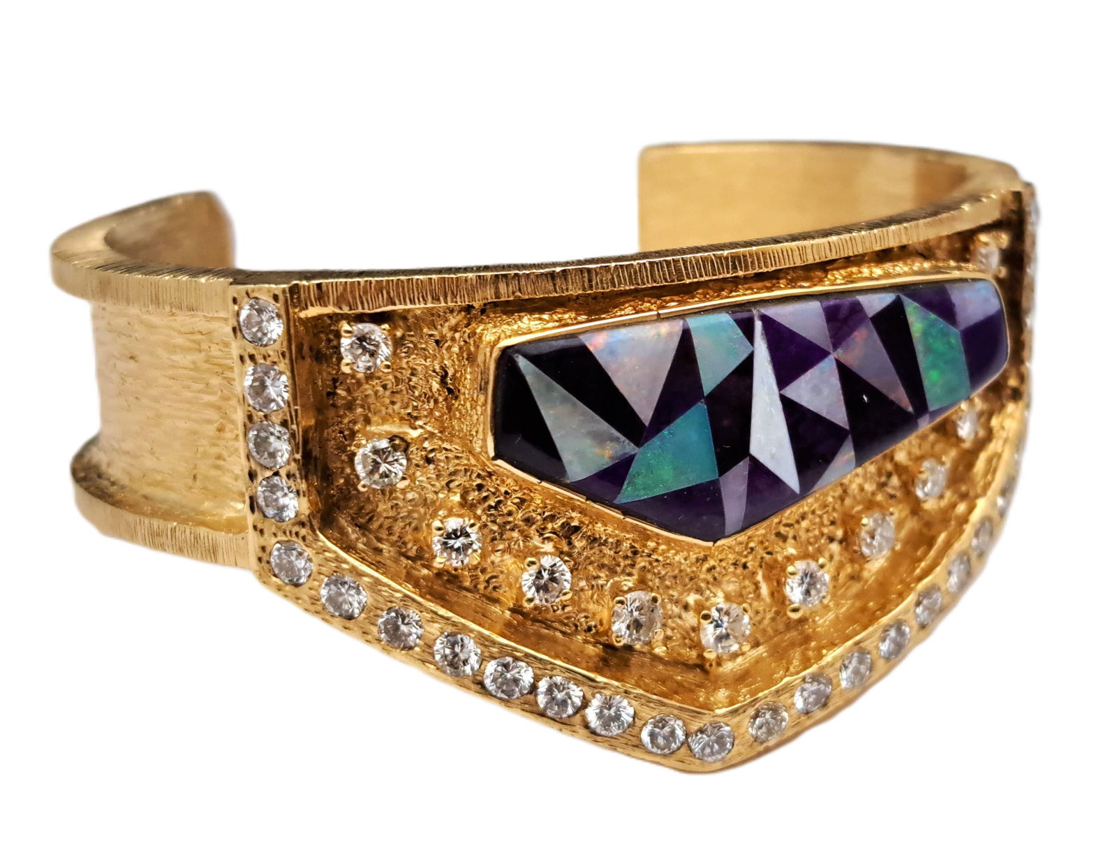 Designer Signed Fine Diamond Opal Sugilite Inlay Textured 14k Gold Ladies Cuff Bracelet Hess Fine (1 of 7)