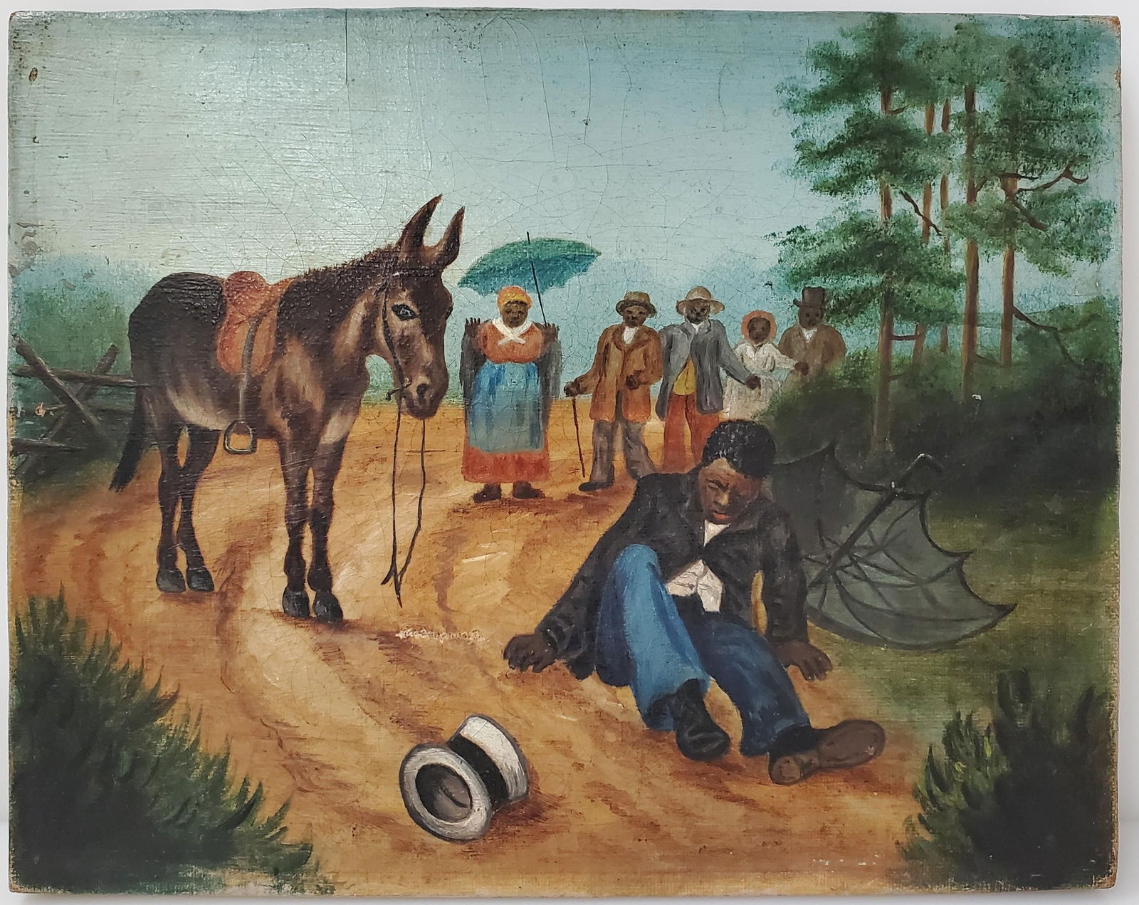 ATTRIBUTED TO ALLEN REDWOOD AFRICAN AMERICAN MAN FALLEN FROM MULE OIL PAINTING Hess Fine Art: Described By: Michelle CNX 1665 8392 Title: Attributed to Allen Redwood African American Man Fallen From Mule Oil Painting Description: Attributed to Allen Redwood African American Man Fall