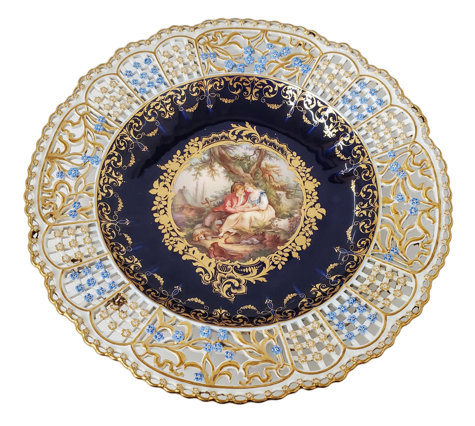 Meissen Antique Reticulated Hand Painted Porcelain German French Romantic Scene After Fragonard: Described By: Michelle NFED 60225 Title: Meissen Antique Reticulated Hand Painted Porcelain German French Romantic Scene After Fragonard Description:Meissen Antique Reticulated Hand Painted Porcelain