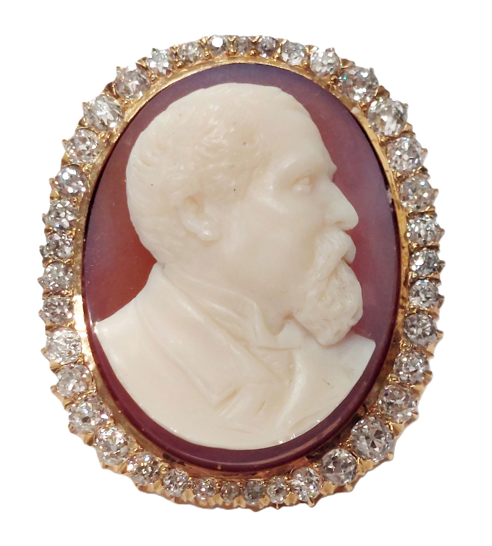 Exquisite Civil War Gentlemen 3ctw Old Euro Diamond 14k Gold Carved Hardstone Cameo Antique Pendant (1 of 7)