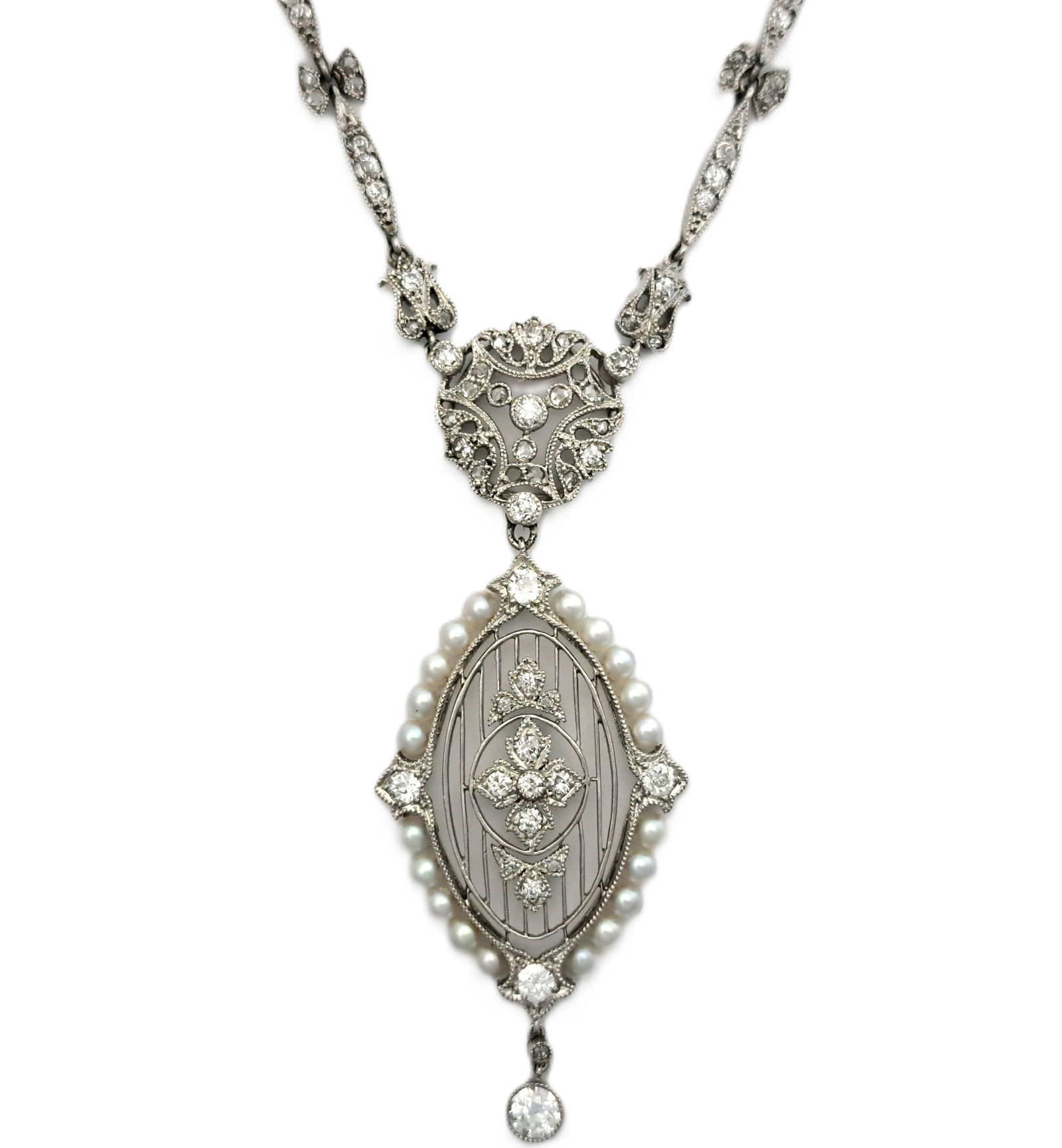 Antique Belle Epoque Edwardian Era Platinum Filigree Old Cut Diamond Pearl Necklace (1 of 5)