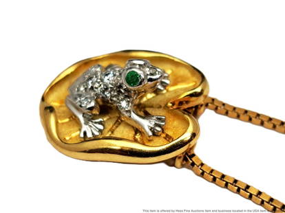 McTeigue 18k Gold Platinum Emerald Eye Diamond Frog on Lily Pad Pendant Necklace: Described & Photographed By: Ayanna HFA DT59676 NGOE Title: McTeigue 18k Gold Platinum Emerald Eye Diamond Frog on Lily Pad Pendant Necklace Description:McTeigue 18k Gold Platinum Emerald Eye Diamond