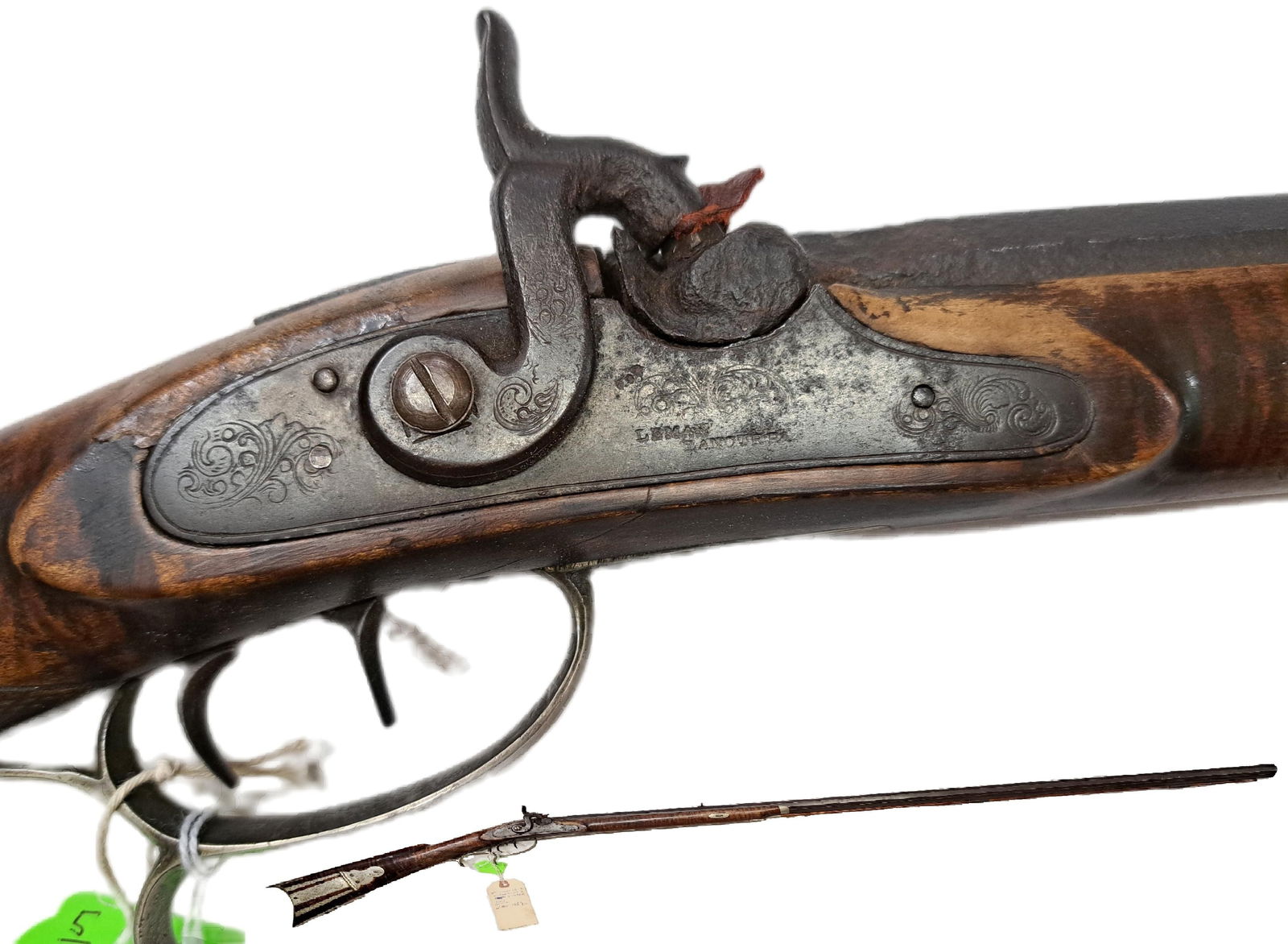 Antique Tiger Maple Half-Stocked Octagonal Barrel Percussion Leman Lancaster Patchbox Musket Rifle: Described By: Dillon CNX 0092 0182 Title: Antique Tiger Maple Half-Stocked Octagonal Barrel Percussion Leman Lancaster Patchbox Musket Rifle Muzzleloader Description: Antique Tiger-Striped Ma