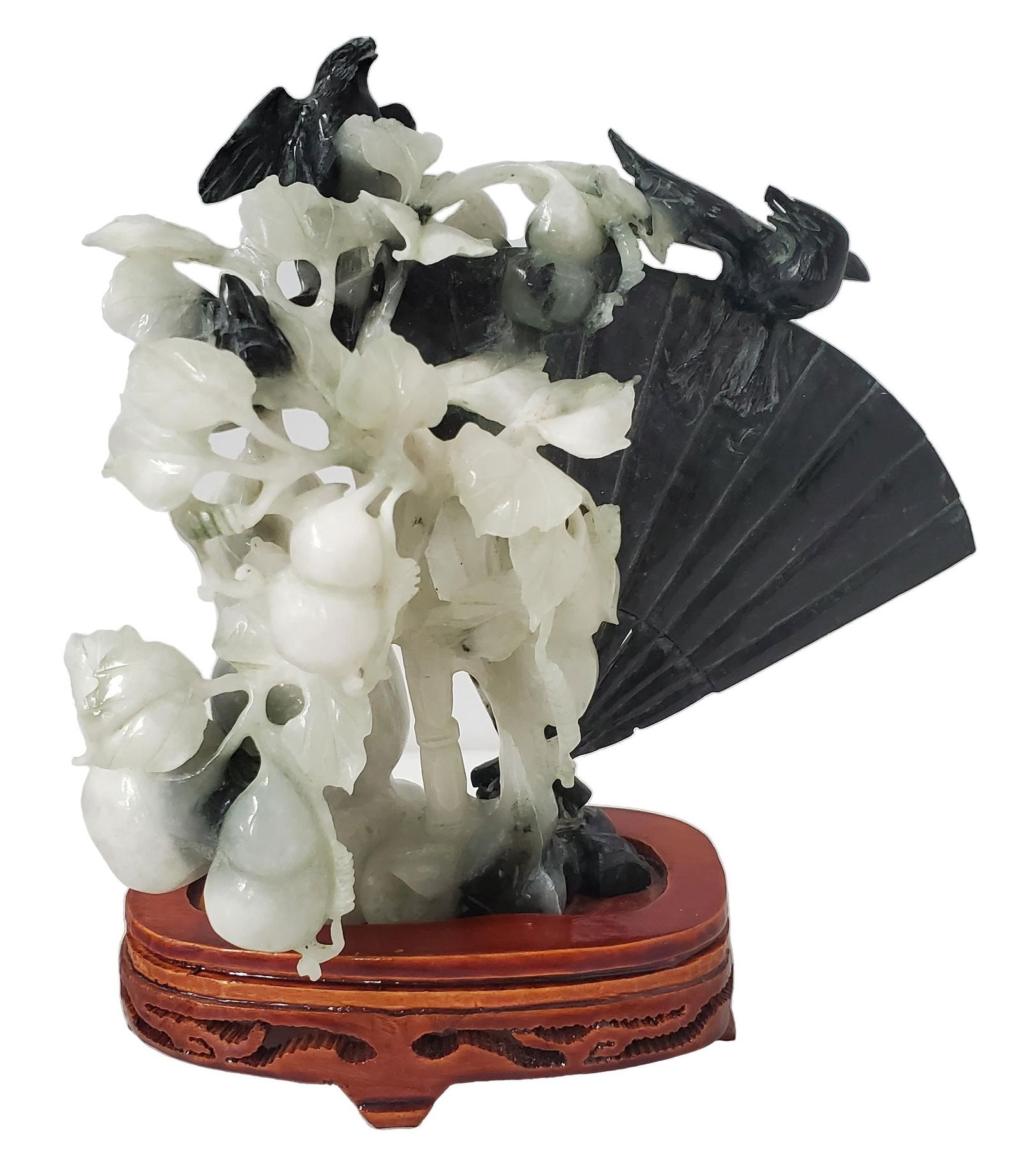 Vintage Chinese Carved Green Bi Color Jade Fan Bird Blossom Statue Sculpture Boxed Export Stand (1 of 6)
