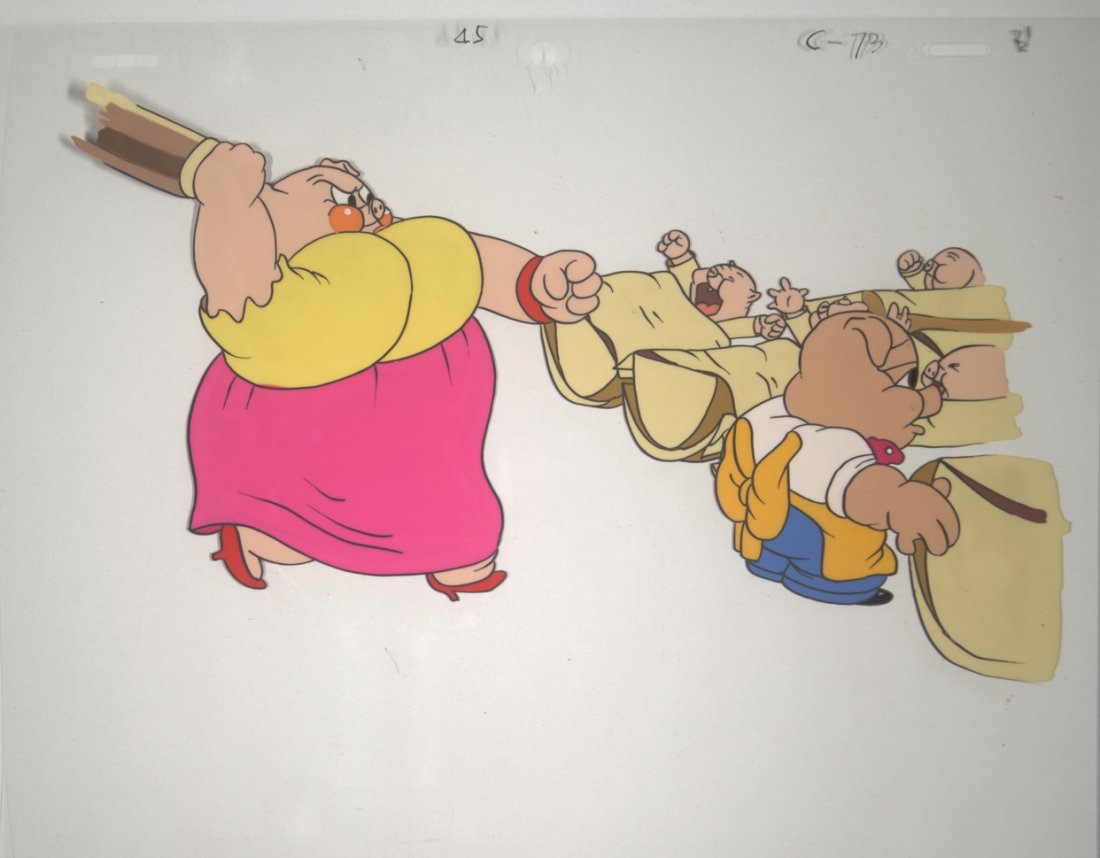Pig with Rolling Pin and Crying Piglets Warner Brot: Pig with Rolling Pin and Crying Piglets Warner Brothers mid 20th c Sold on Behalf of the University of South Florida Libraries Museum Charles Mahan Collection of Original Animation Cels Description: