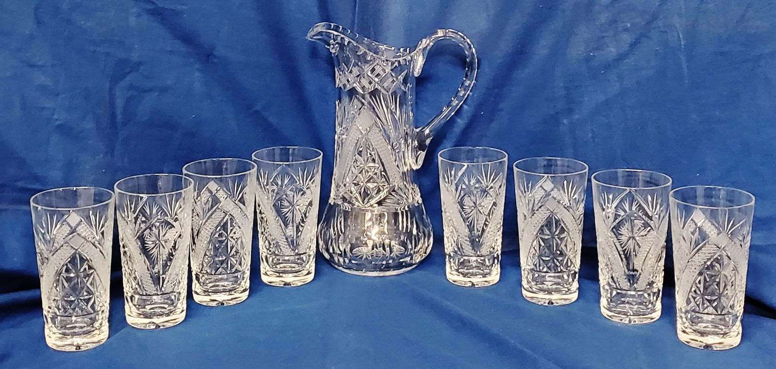 Antique American Brilliant Cut Glass Crystal Pitcher and Tumbler Glasses 9 Piece Set (1 of 8)