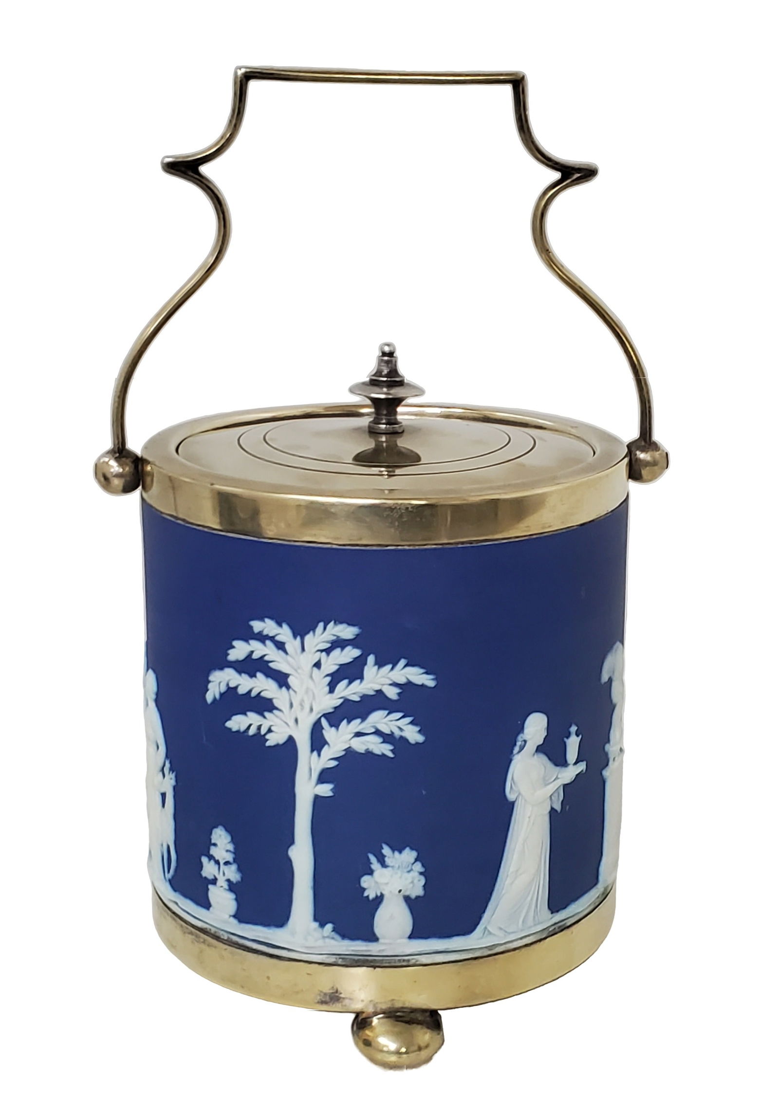Antique Wedgwood Cobalt Blue Jasperware England Biscuit Jar w Handle: Described By: Michelle NFD 60310 1 Title: Antique Wedgwood Cobalt Blue Jasperware England Biscuit Jar w Handle Description:Antique Wedgwood Cobalt Blue Jasperware England Biscuit Jar w Handle Hallmark