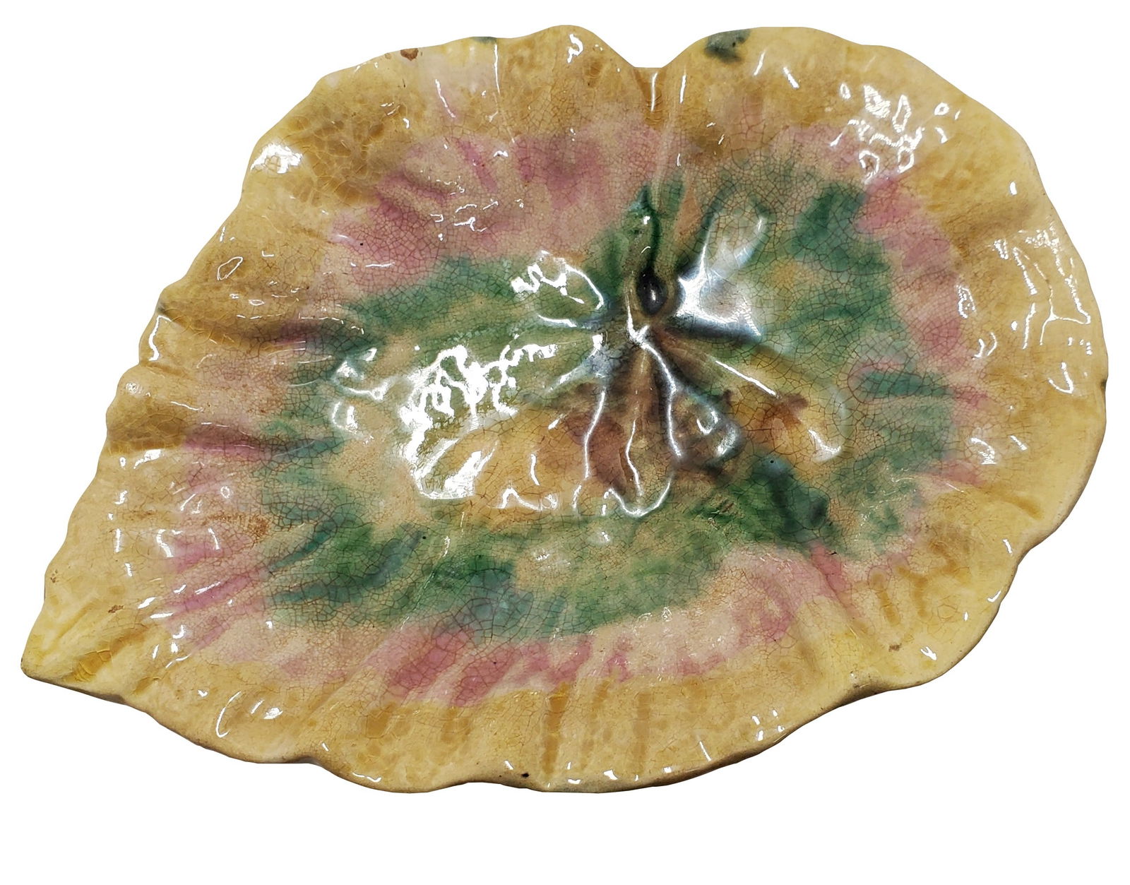 Antique Etruscan Majolica Pottery Begonia Leaf Bowl Pink Yellow Green (1 of 6)