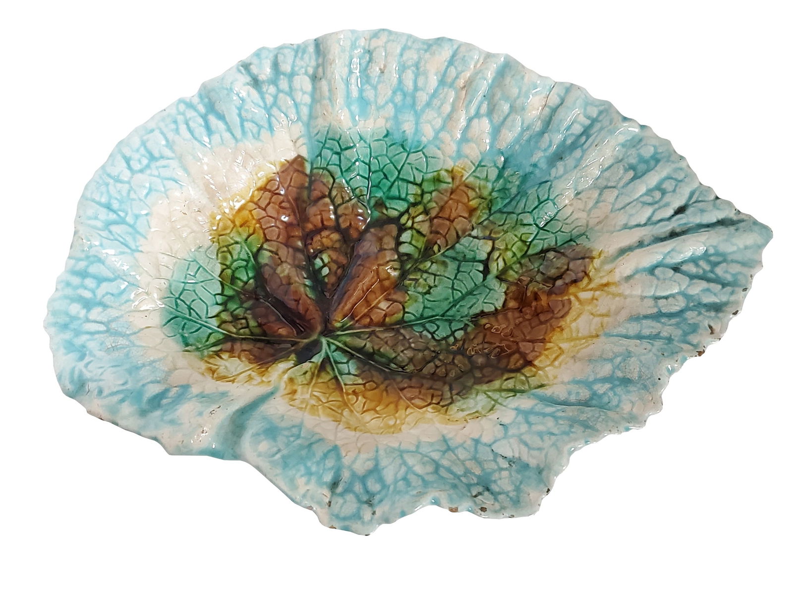Antique Victorian Majolica Pottery Begonia Leaf Bowl Green Brown Blue (1 of 6)