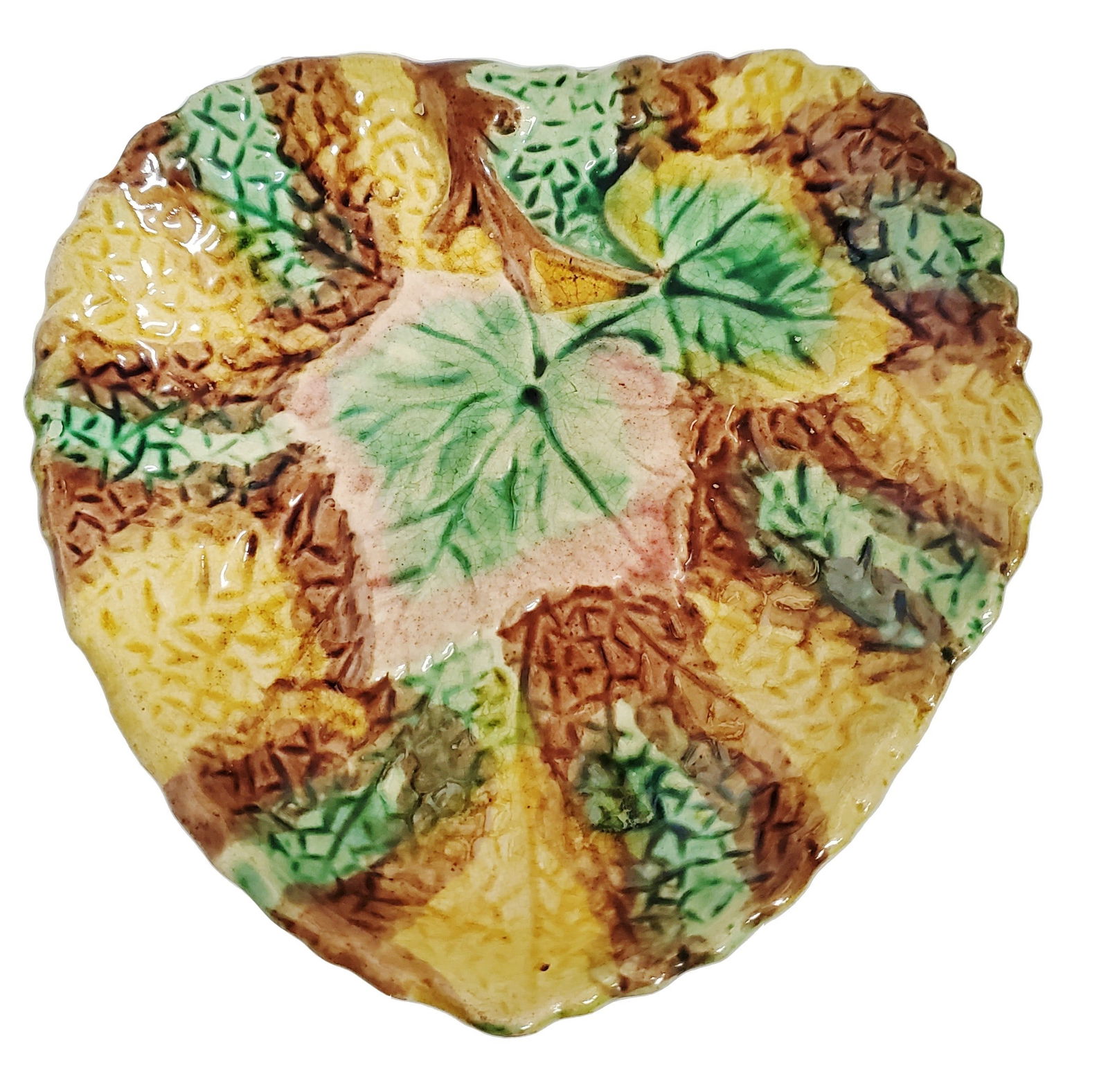 Antique Majolica Pottery Leaf Dish Pink Green Yellow Brown (1 of 6)