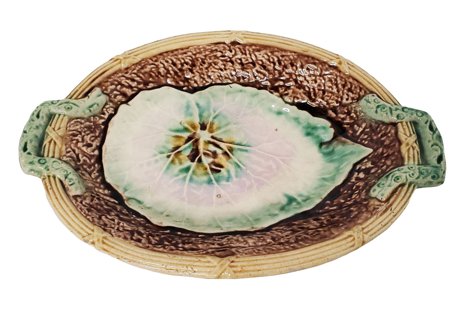 Antique Majolica Pottery Handled Leaf Dish Pink Green Brown (1 of 5)