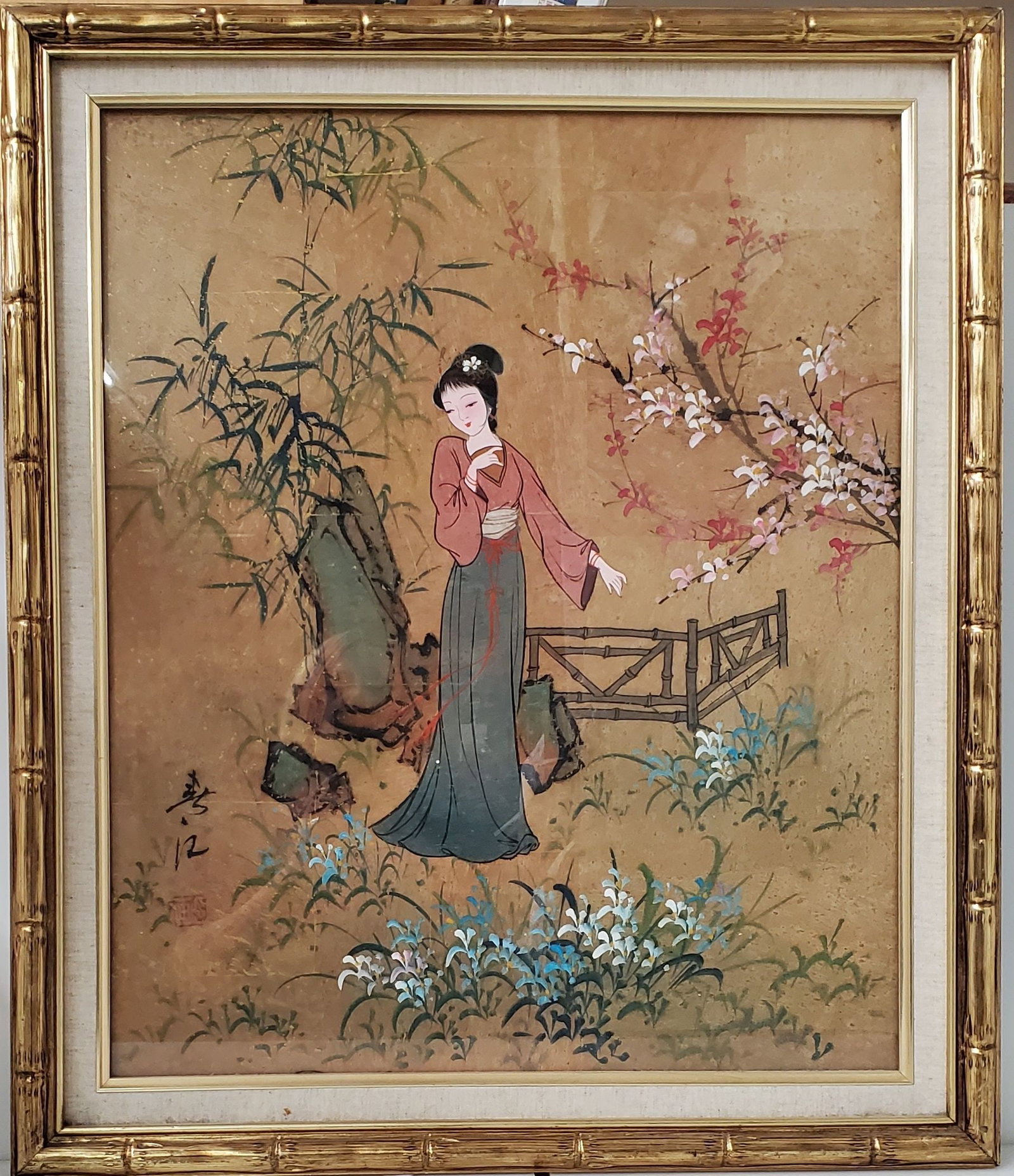 Geisha Girl Gouache Painting on Cork Signed Stamped Vintage: Described By:Michelle 2024X Title: Geisha Girl Gouache Painting on Cork Signed Stamped Vintage Description:Geisha Girl Gouache Painting on Cork Signed Stamped Vintage Signature: <