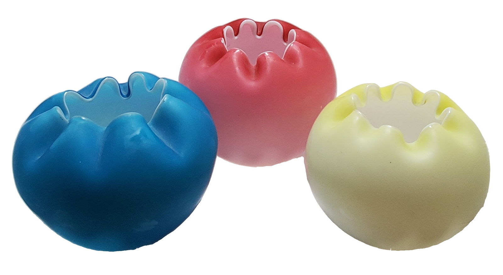 Antique Victorian Satin Hand Blown Art Glass Bowl Set of 3 Rose Pink Yellow Blue (1 of 8)