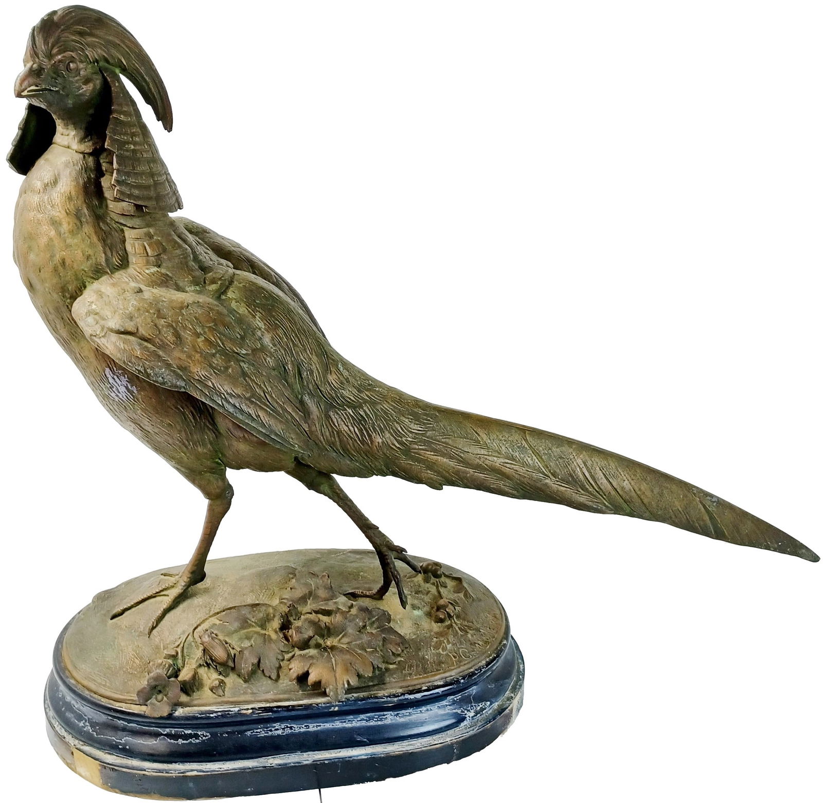 Antique Golden Pheasant Spelter Statue Signed “PC Molera” On Oval Wooden Plinth: Title:Antique Golden Pheasant Spelter Statue Signed “PC Molera” Description: Antique Golden Pheasant Spelter Statue Signed “PC Molera” On Oval Wooden Plinth Type of Piece:Statue Measur