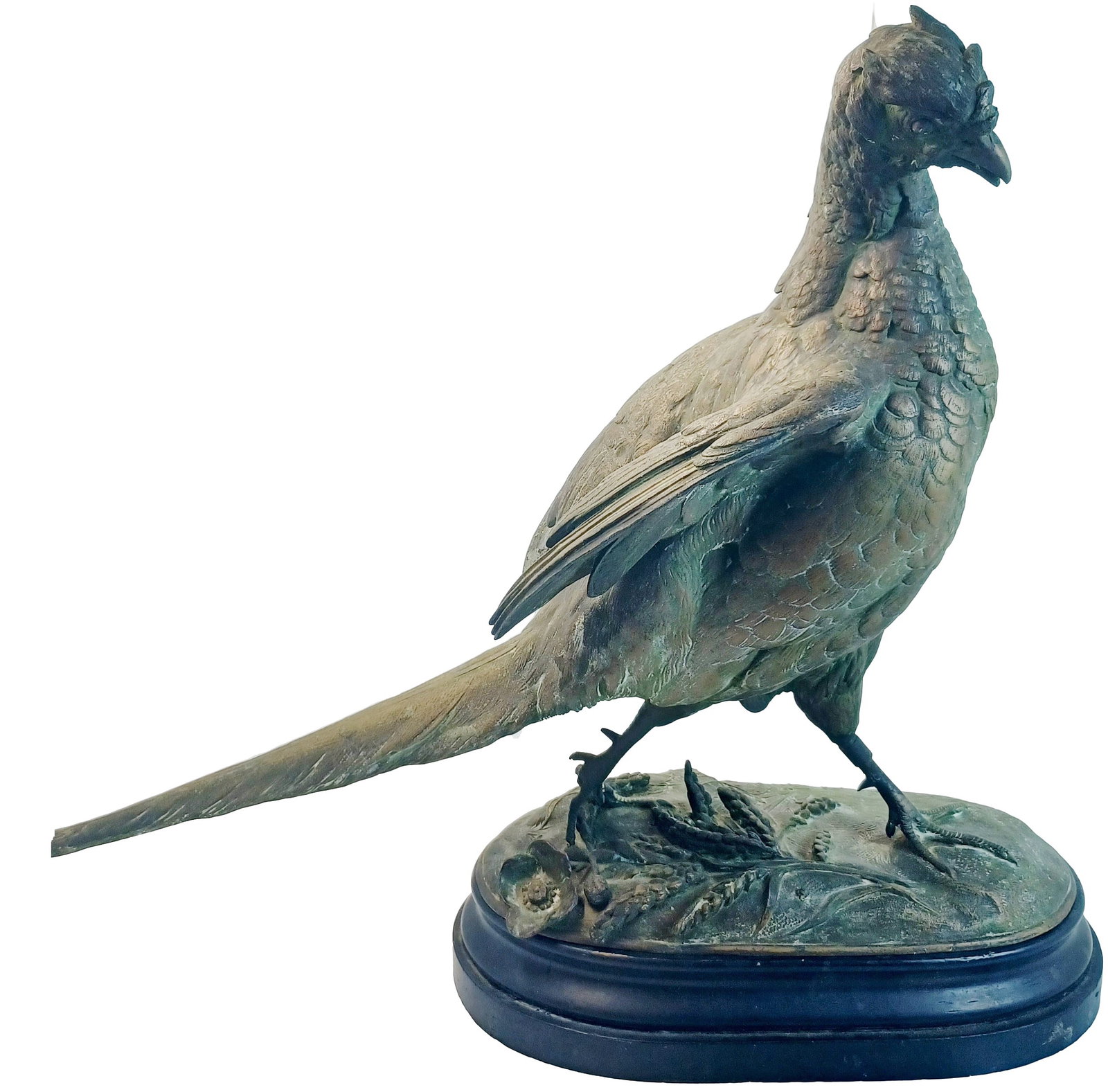 Antique Pheasant Spelter Statue Signed “PC Molera” On Oval Wooden Plinth: Title:Antique Pheasant Spelter Statue Signed “PC Molera” Description: Antique Pheasant Spelter Statue Signed “PC Molera” On Oval Wooden Plinth Type of Piece:Statue Measurements:Height: