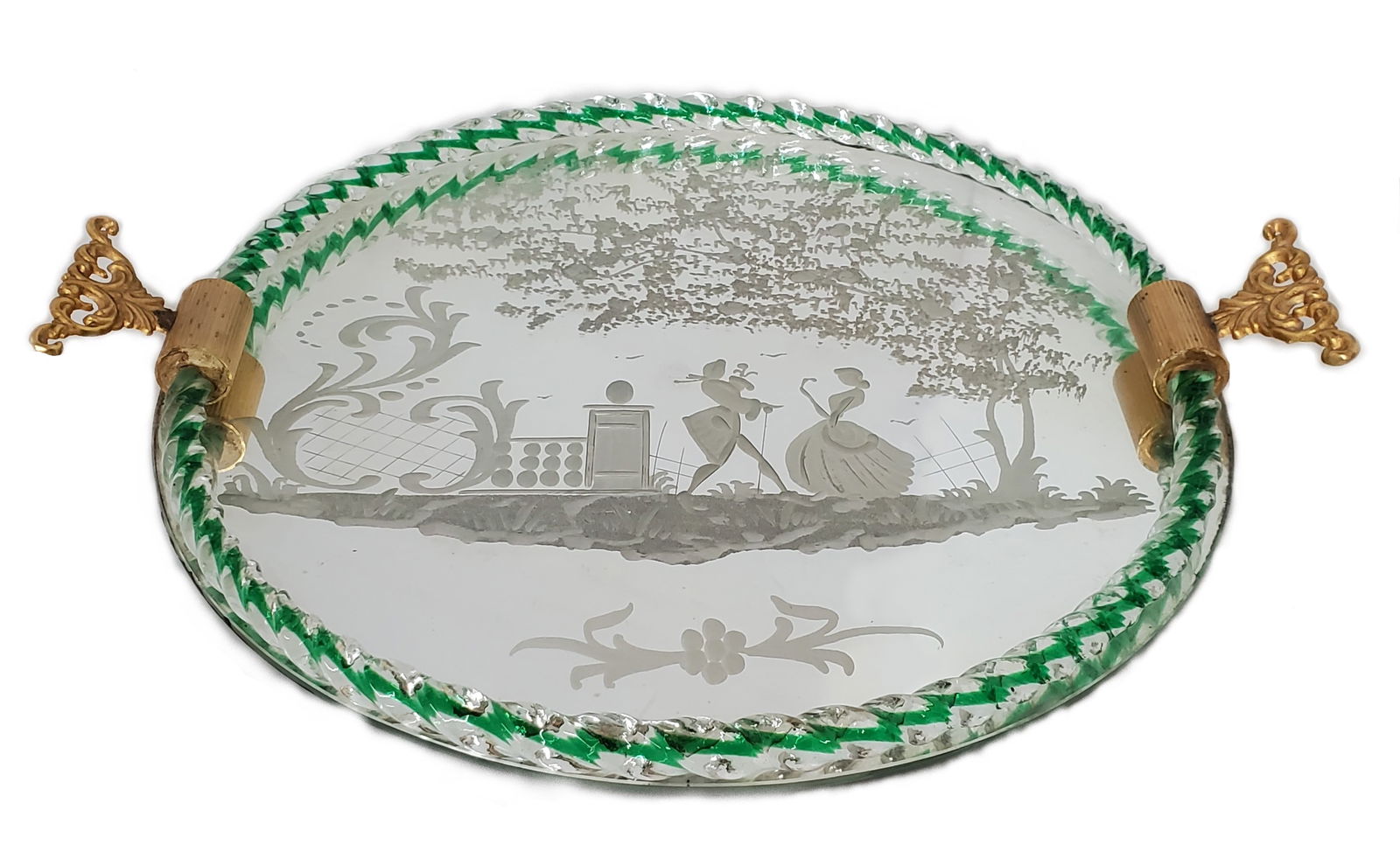 Vintage Etched Mirror Courting Scene Rope Twist Glass Vanity Dresser Tray (1 of 5)