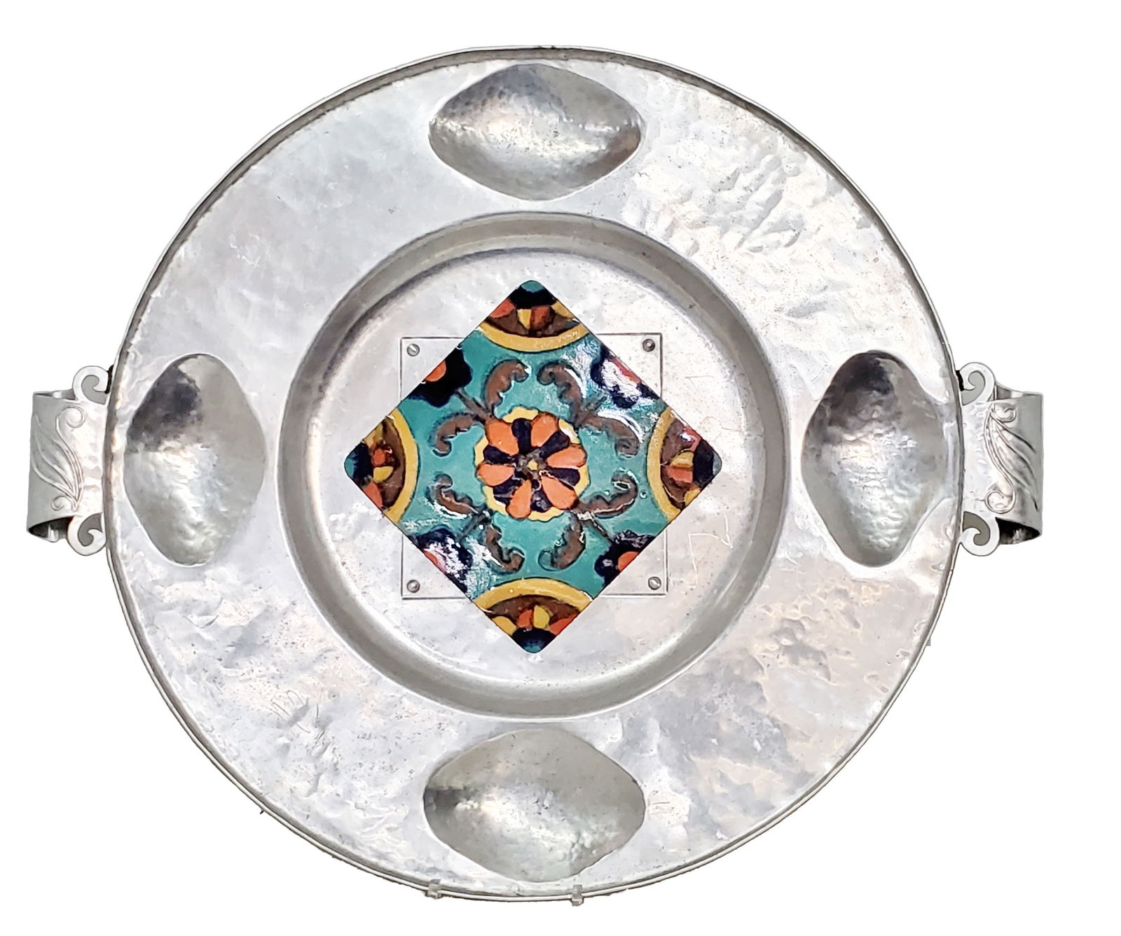 Cellini Craft Argental Hand Wrought Aluminum Ceramic Tile Insert Scroll Handles Serving Tray (1 of 6)