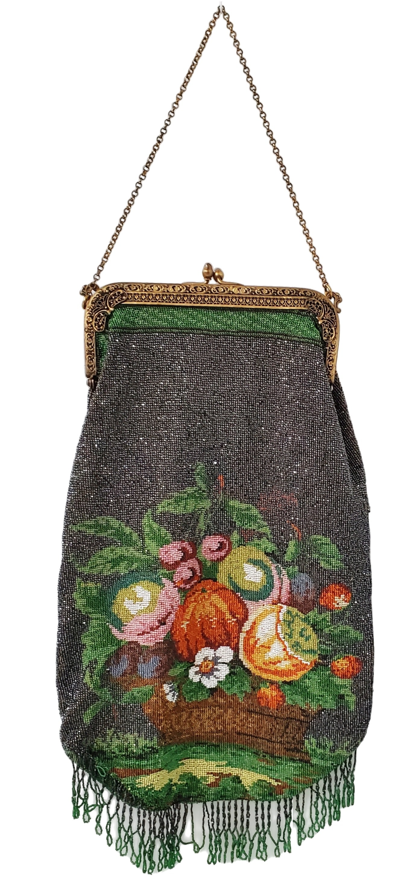 Antique Edwardian Beaded Gold Plated Floral Still Life Purse: Described By:Michelle 2024X Title: Antique Edwardian Beaded Gold Plated Floral Still Life Purse Description:Antique Edwardian Beaded Gold Plated Floral Still Life Purse Hallmarks or Signature: