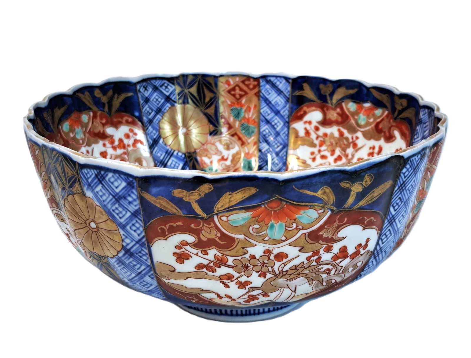 Japanese Polychrome Imari Meiji Period Floral Crane Antique Asian Porcelain Bowl: Described by:AF HFA 2024x Title:Japanese Polychrome Imari Meiji Period Floral Crane Antique Asian Porcelain Bowl Description: Japanese Polychrome Imari Meiji Period Floral Crane Antique Asian Porcelai