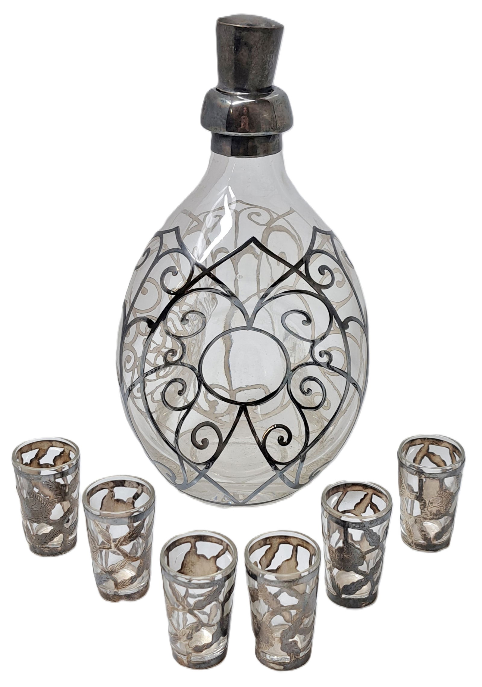 Silver Overlay Incredible Monogram Pinched Stoppered Decanter Six Mexico Sterling Shot Glass Cordial (1 of 11)