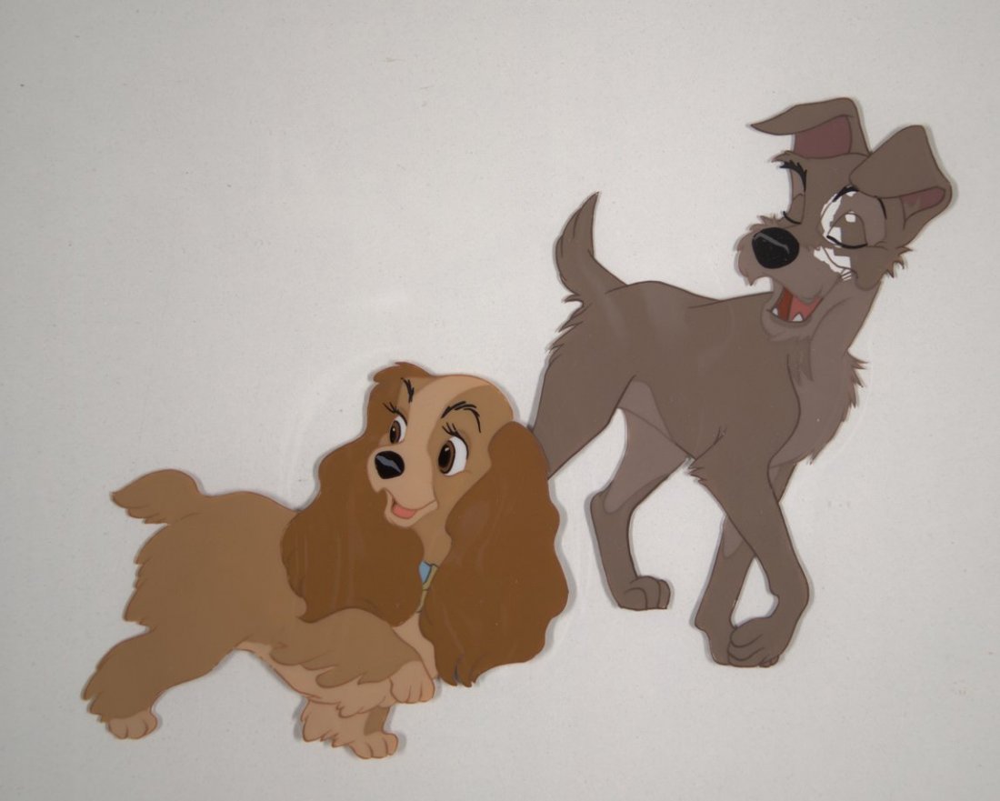 Lady and the Tramp: Lady and Tramp Walking Together: Lady and the Tramp: Lady and Tramp Walking Together Walt Disney Productions 1955 Sold on Behalf of the University of South Florida Libraries Museum Charles Mahan Collection of Original Animation Cels
