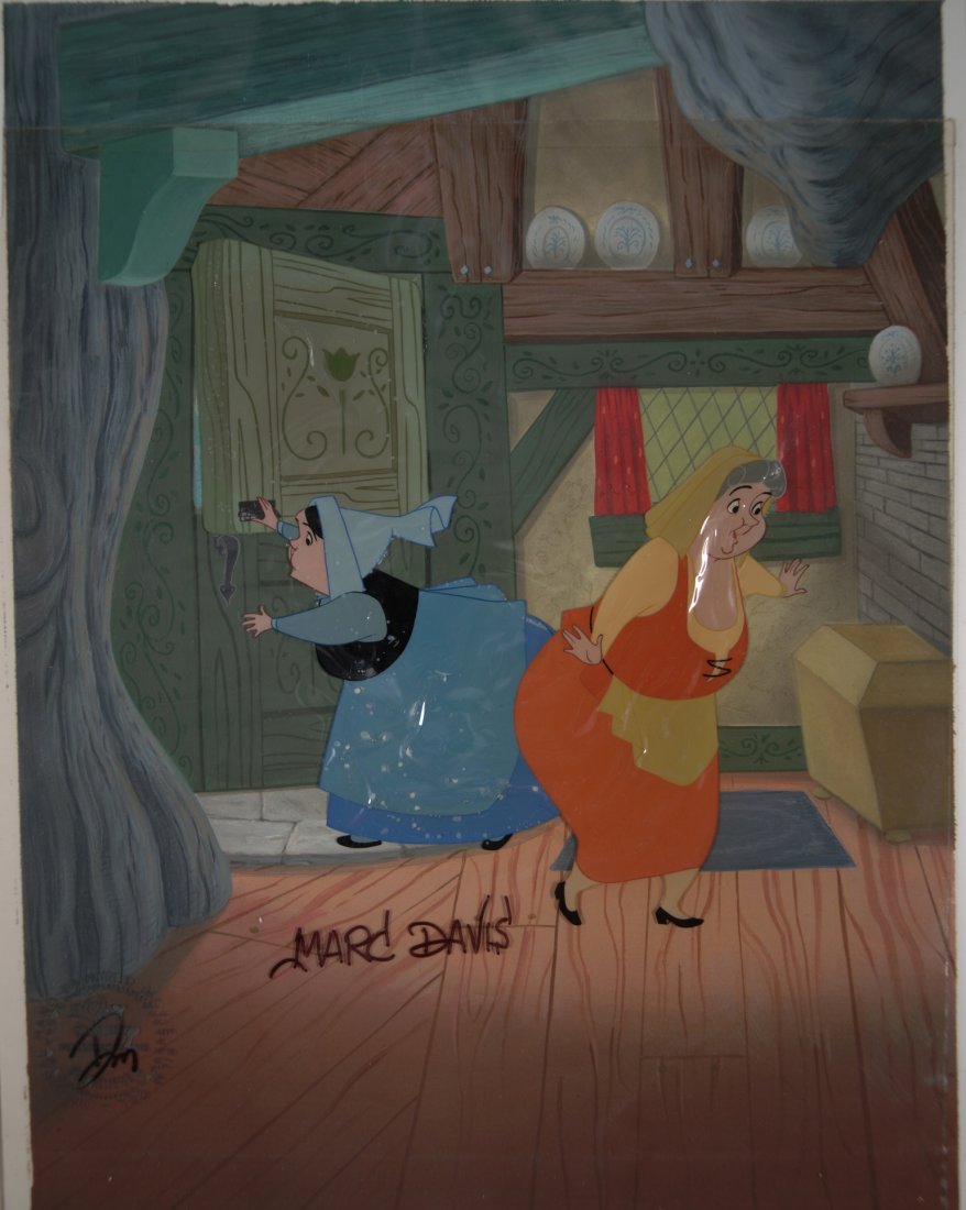 Sleeping Beauty 1955 Walt Disney Production Hand Painte: Sleeping Beauty 1955 Walt Disney Production Hand Painted Background Cel of Good Fairies FLORA and FAUNA Signed Marc Davis Sold on Behalf of the University of South Florida Libraries Museum Charles Mah
