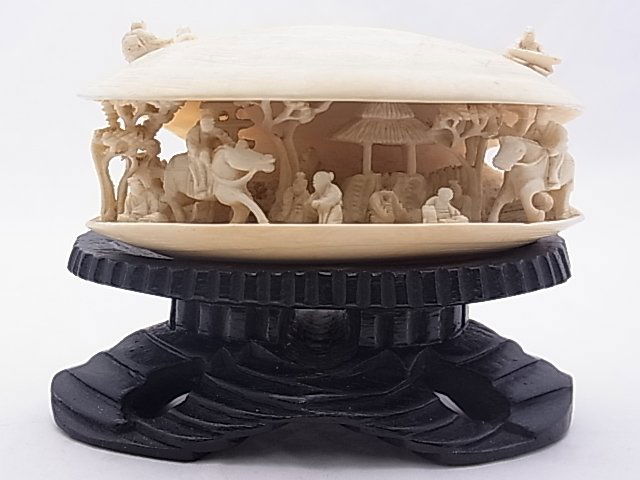 Carved Antique Asian Ivory Miniature Carving CLAM SH: Carved Antique Asian Ivory Miniature Carving CLAM SHELL with Incredible ENTIRE VILLAGE LANDSCAPE with Figures, Riders on Horseback, a Well and Temple and Trees Chinese or Japanese 3.5 Inches Wide Des