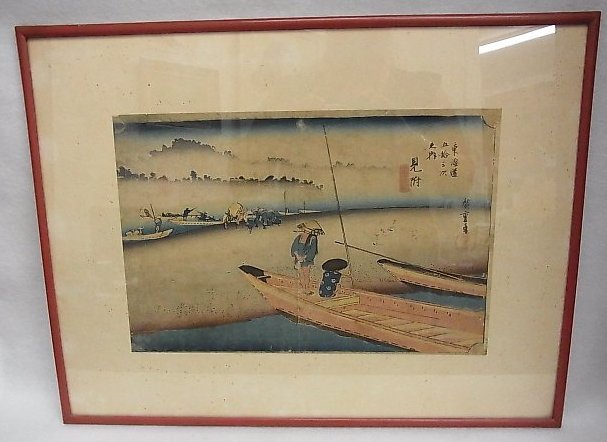 Antique Ando Hiroshige Tokaido Road Japanese Color: Antique Ando Hiroshige Tokaido Road Japanese Color Woodblock Ukiyo-e Print Signed Description: Antique Ando Hiroshige Tokaido Road Japanese Color Woodblock Ukiyo-e Print Signed Vivid woodcut print dep