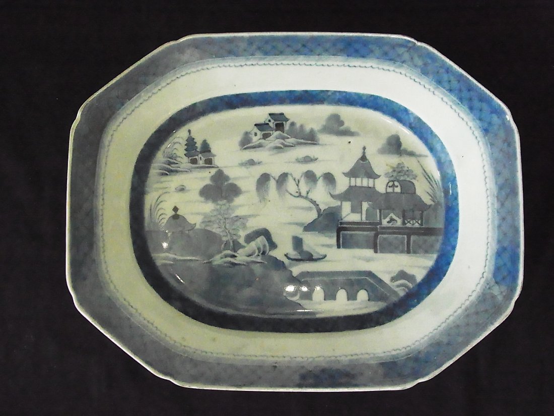14” Platter Canton Pottery Porcelain Ceramic Blue White: 14” Platter Canton Pottery Porcelain Ceramic Blue White Provenance: Florida Gulf Coast Collection of Chinese, Japanese and Southeast Asian Pottery Porcelain Ivory Bronze Sculpture Furniture Textiles