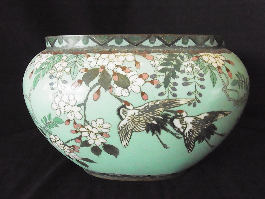 Old Crane & Blossom large Cloisonne Bowl Pot Jardiniere: Old Crane & Blossom large Cloisonne Bowl Pot Jardiniere Planter Japanese Chinese 11 1/2” Florida Gulf Coast Collection of Chinese, Japanese and Southeast Asian Pottery Porcelain Ivory Bronze Sculptu