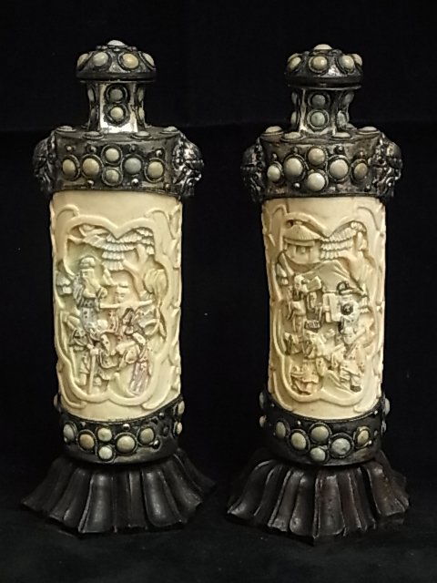 Pair Silver Mounted Chinese Qing Carved Ivory Caboc: Pair Silver Mounted Chinese Qing Carved Ivory Cabochon Stone Set Snuff Medicine Cologne Perfume Bottle Vases Hand Painted Polychrome Relief Signed China Description: End pieces are composed of silve