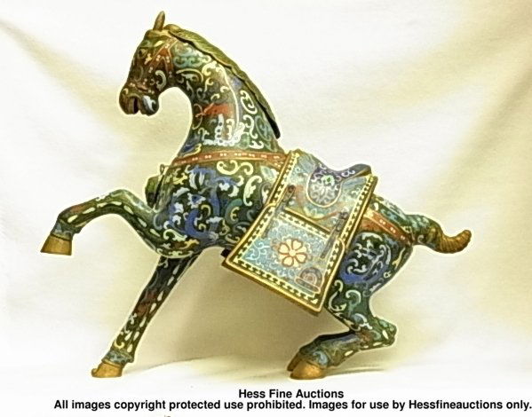 Large Antique Cloisonné Chinese Japanese Islamic Br: Large Antique Cloisonné Chinese Japanese Islamic Brass Enamel Horse Description: This large piece displays beautiful cloisonné enamel done in many colors. The body is predominantly green. The sadd