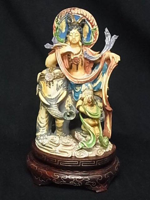 Exquisite Polychrome Ivory Carved Buddhist or Hindu: Exquisite Polychrome Ivory Carved Buddhist or Hindu Sculpture Elephant & Goddess Guanyin on Elephant w/ Bowing Kneeled Figure Before Them India Southeast Asia Tibet Nepal or China Description: Ivory p