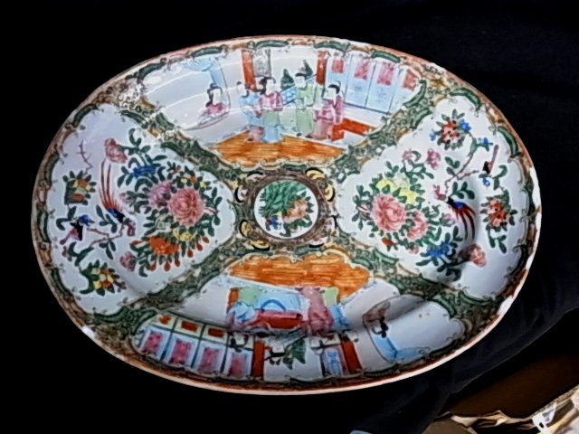 Famille Rose Medallion 13” Wide Serving Platter Po: Description: Famille Rose Medallion 13 1/2” Wide Serving Platter Pottery Porcelain Ceramic Dish Provenance Florida Gulf Coast Collection of Chinese Japanese and Southeast Asian Pottery Porcelain Ivo