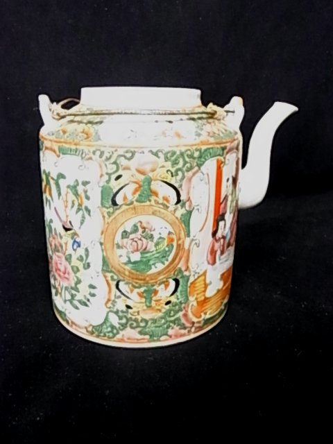 Famille Rose Medallion Tea Pot 5 ½” Tall Absent Li: Description: Famille Rose Medallion Tea Pot 5 ½” Tall Absent Lid Provenance Florida Gulf Coast Collection of Chinese Japanese and Southeast Asian Pottery Porcelain Ivory Bronze Sculpture Furniture 
