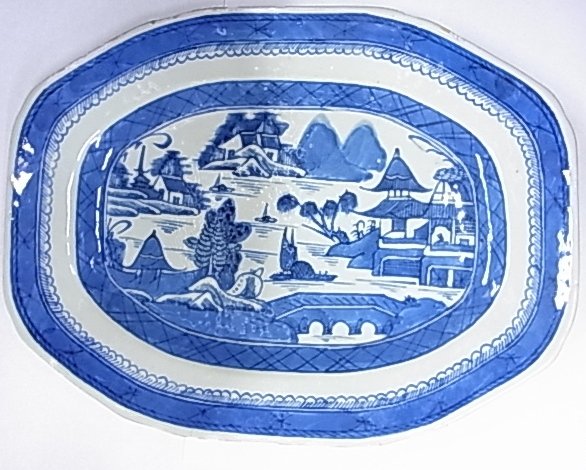 Canton Blue & White Oval Octagonal Serving Platter: Description: Canton Blue & White Oval Octagonal Serving Platter Plate Edge Roughness but Handsome Provenance Florida Gulf Coast Collection of Chinese Japanese and Southeast Asian Pottery Porcelain Ivo