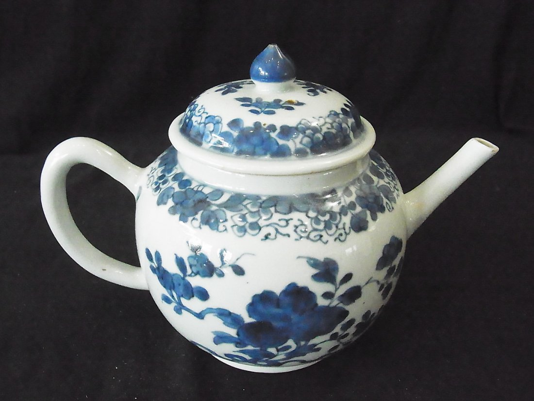 Antique Canton Chinese Export Ceramic Pottery Porc: Antique Canton Chinese Export Ceramic Pottery Porcelain Hand Painted Blue & White Floral Decorated Teapot with Provenance from Florida Gulf Coast Collection of Chinese, Japanese and Southeast Asian Po